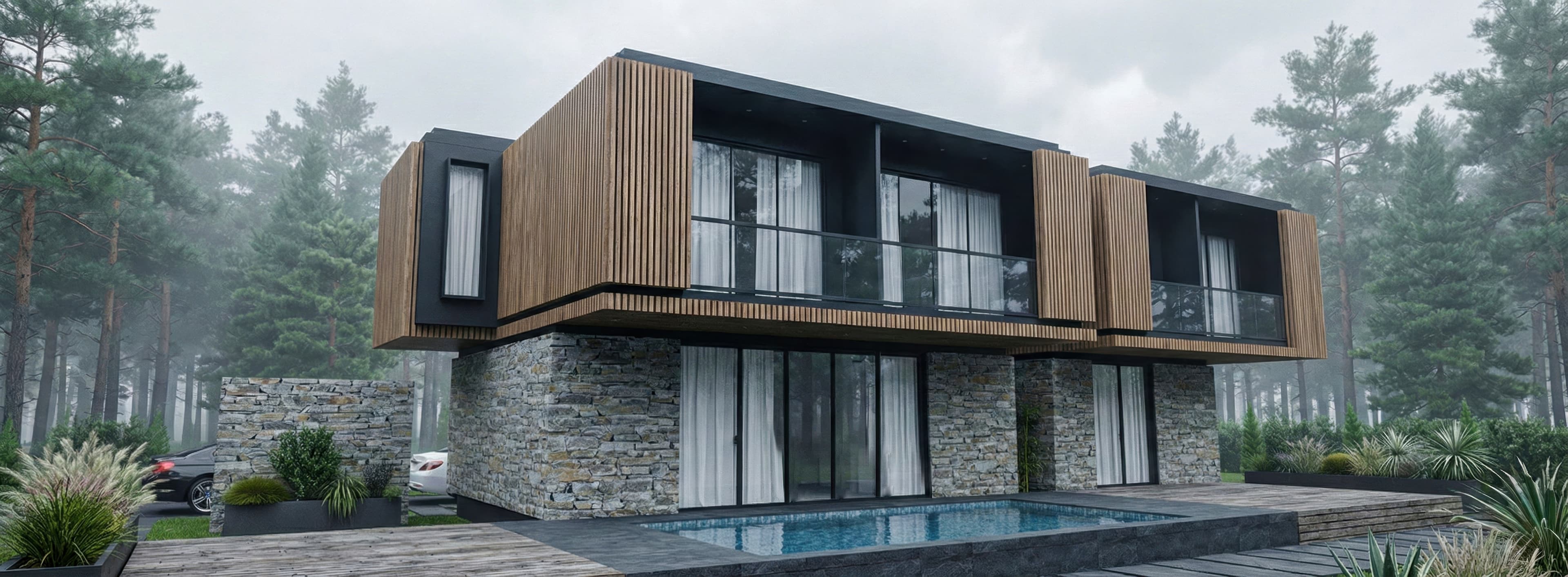 Villa with timber-clad upper volumes on stone base in misty pine forest