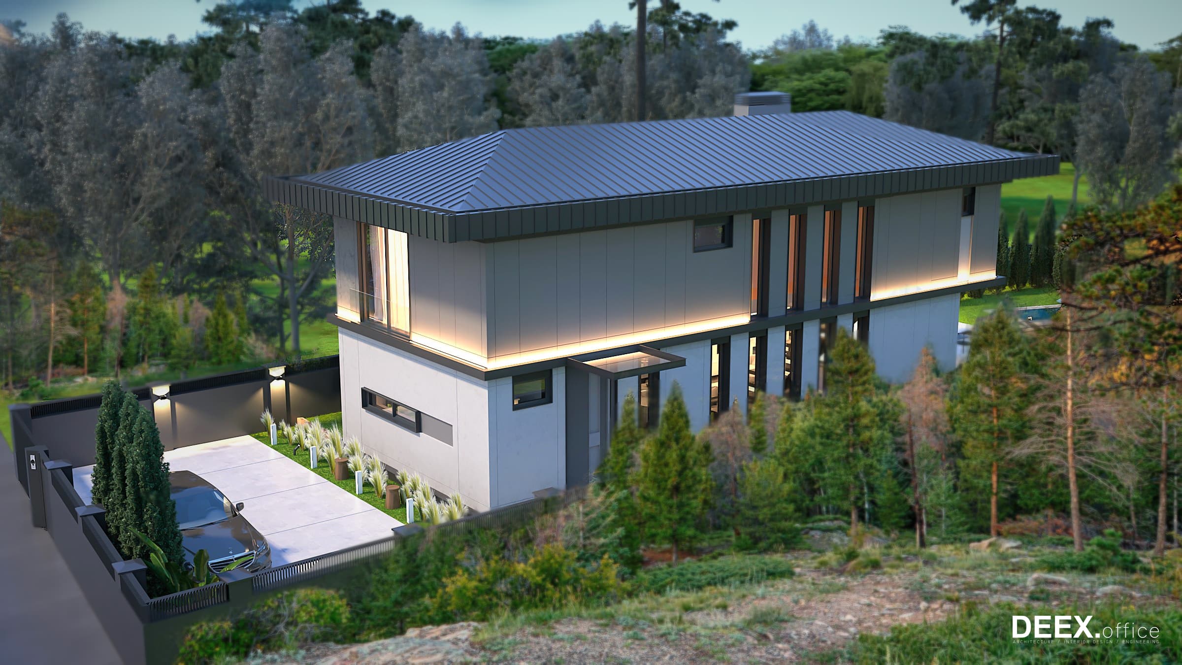 Aerial view of the residence showing metal roof and surrounding woodland