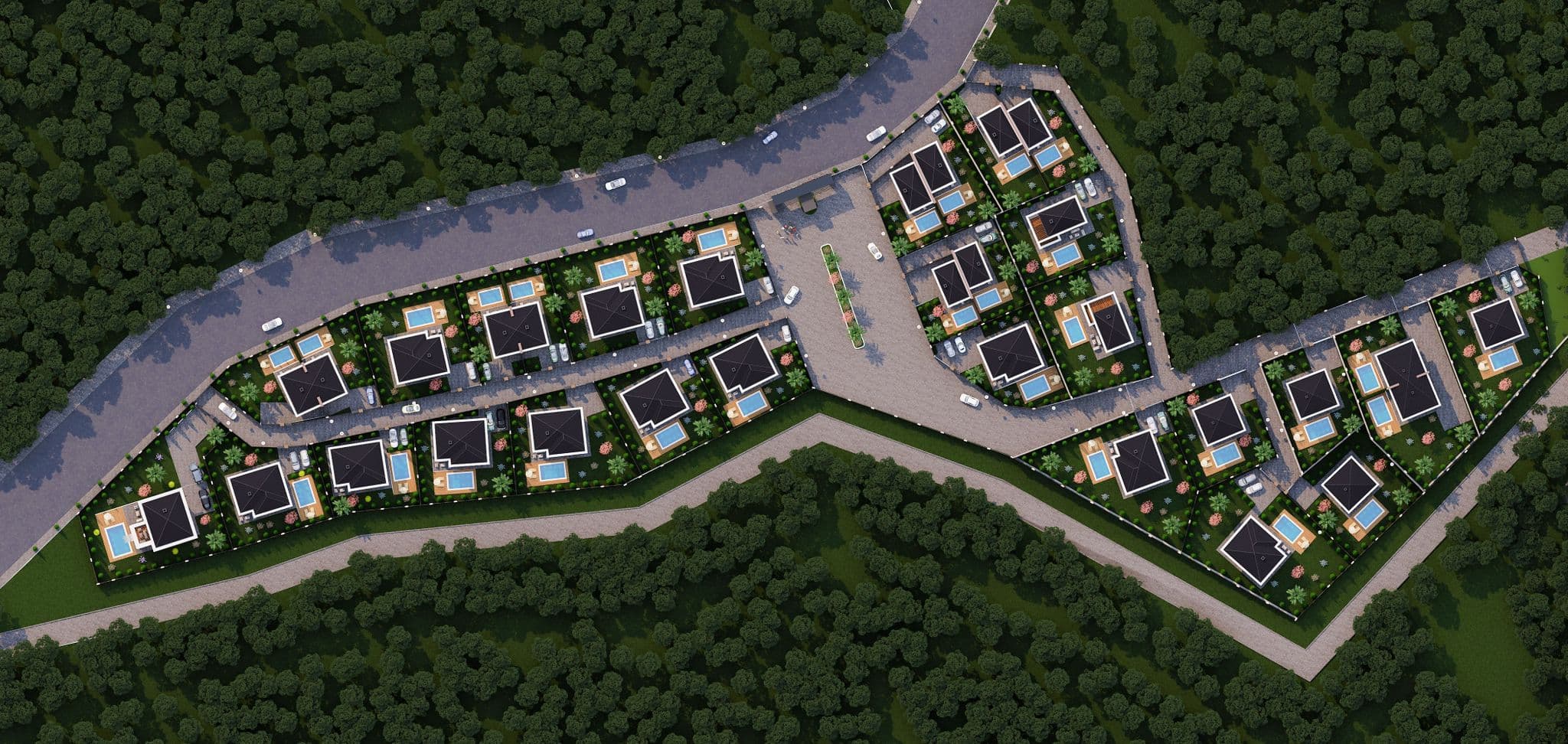Top-down masterplan showing villa clusters arranged within forested hillside