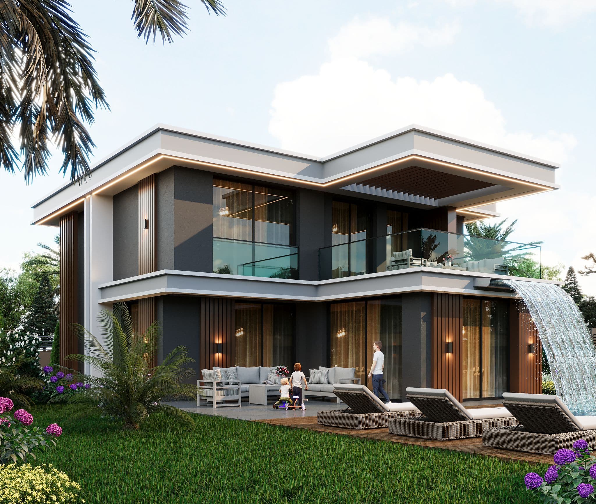 Two-story villa with waterfall feature, garden terrace, and family gathering
