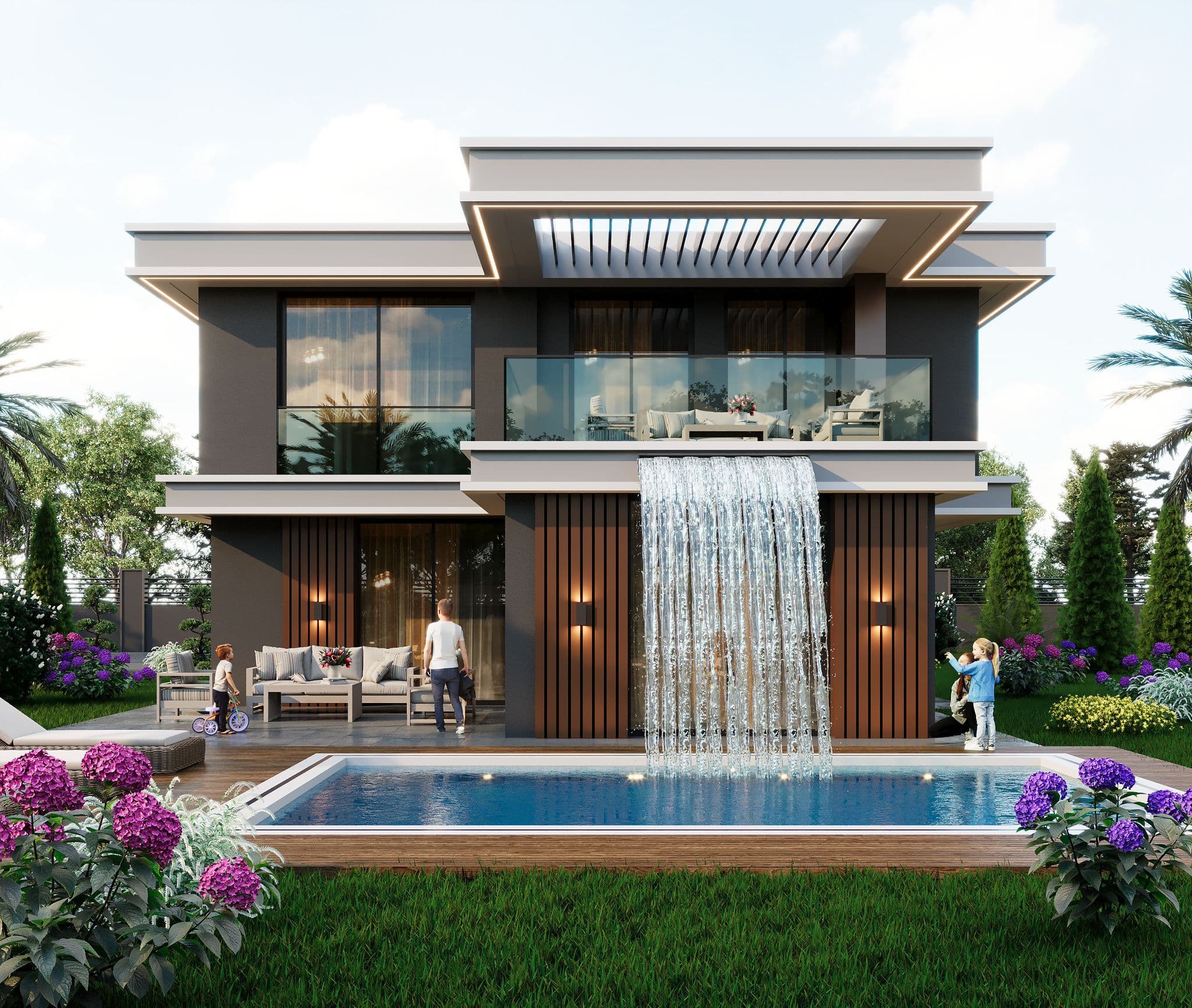 Villa front facade with cascading waterfall, pool, and colorful garden flowers
