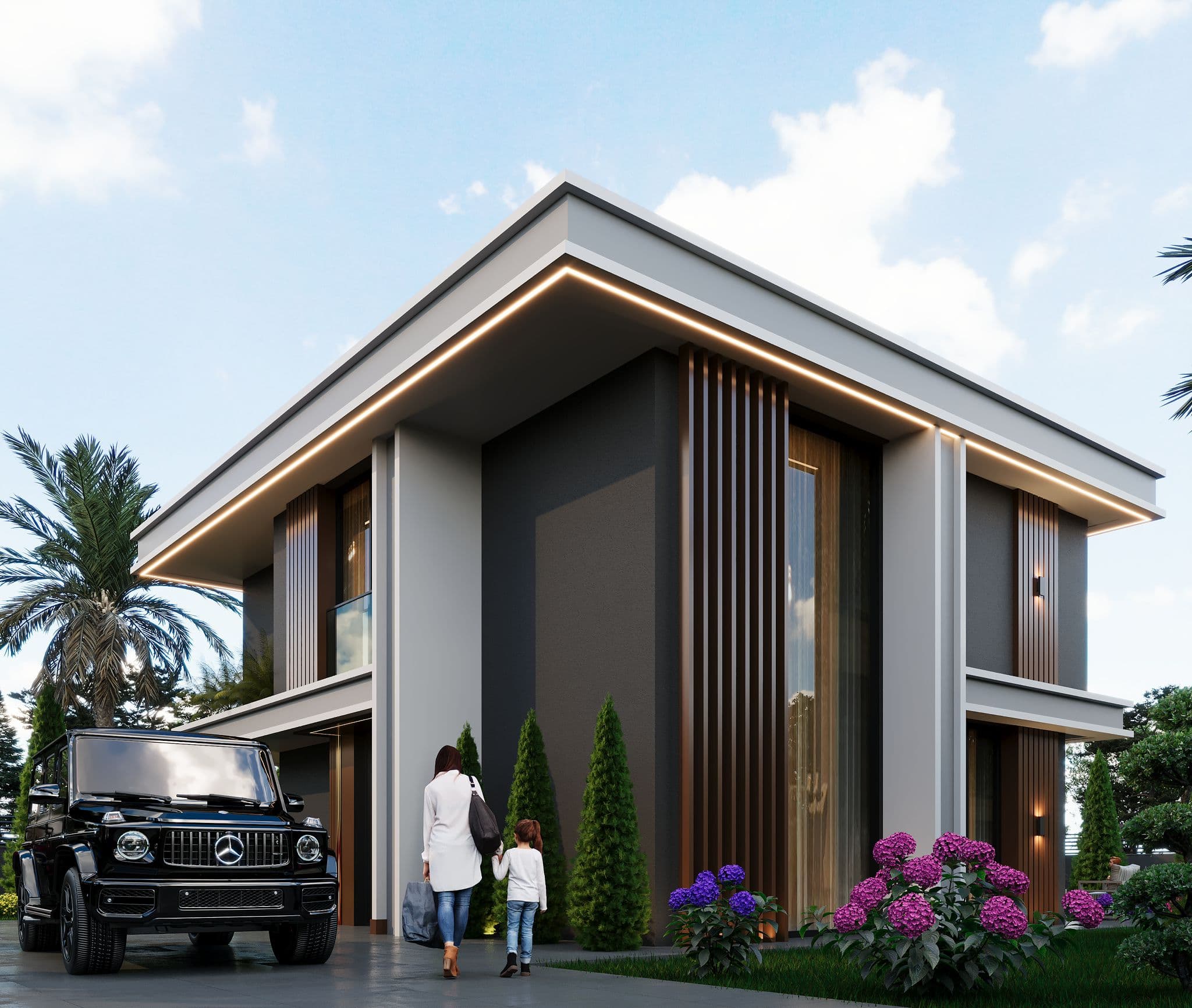 Angular villa facade with LED accent lighting, driveway, and family arriving