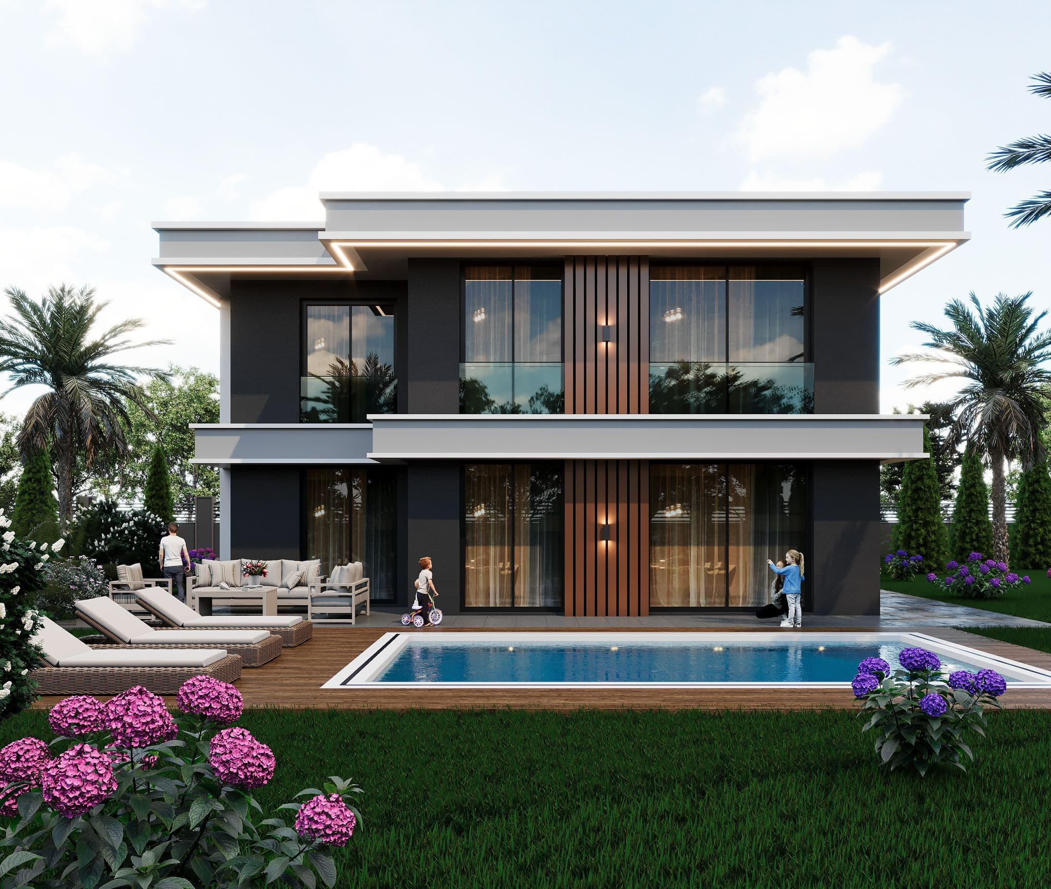 Villa garden facade with central timber entrance, pool, and outdoor seating