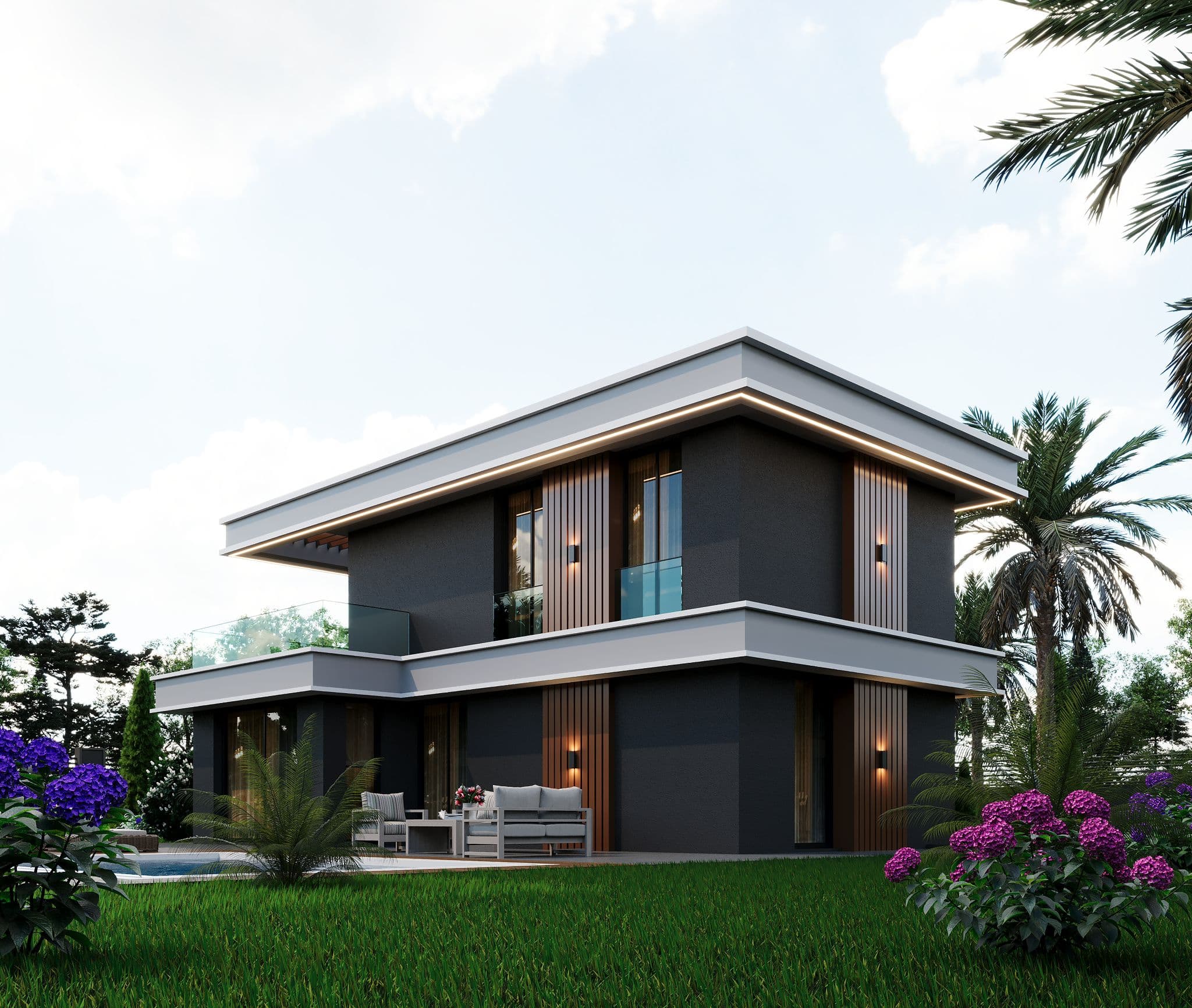 Rear elevation of villa with dark render, timber slats, and garden setting