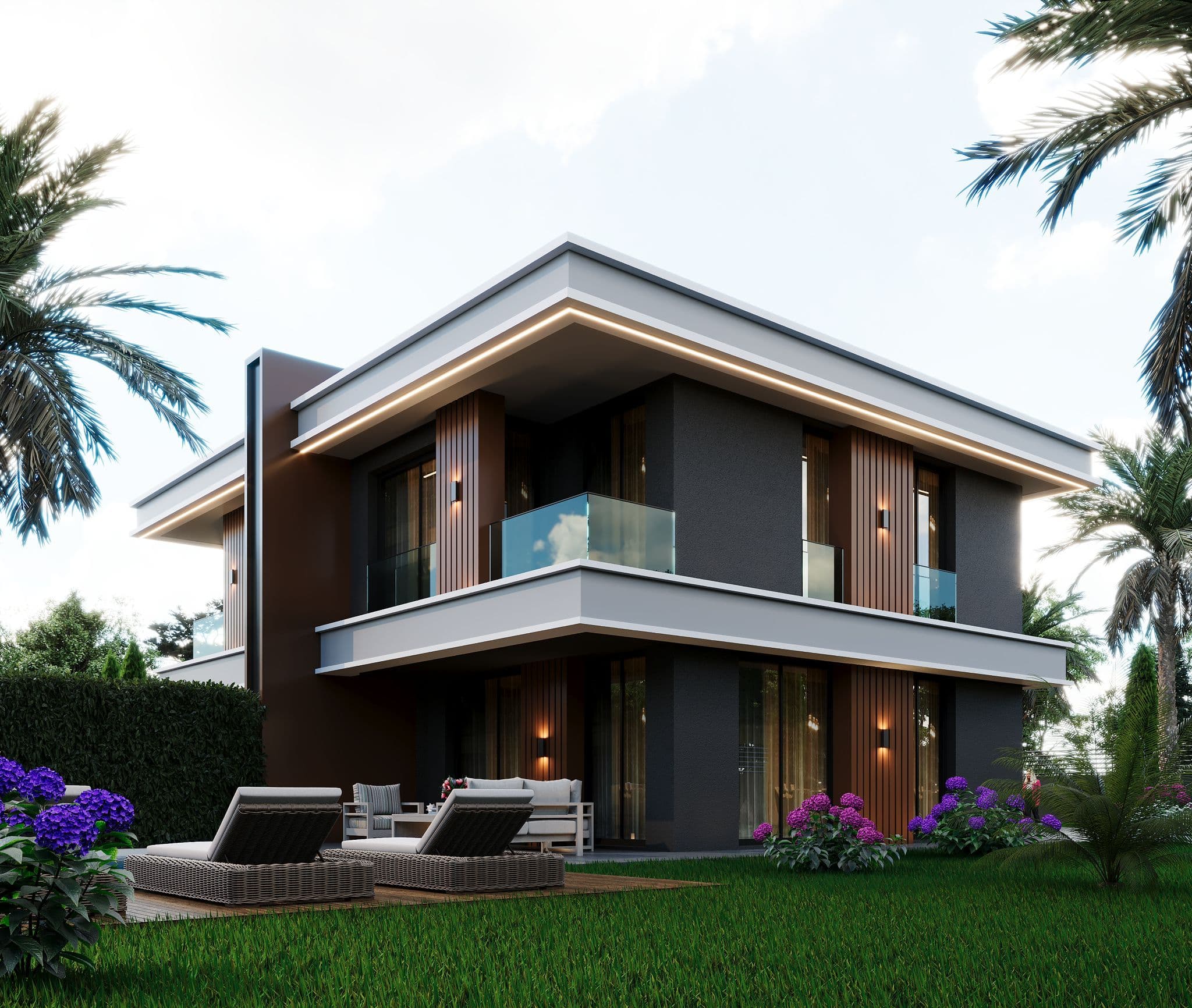 Corner garden view of villa with glass balcony, terrace, and palm trees