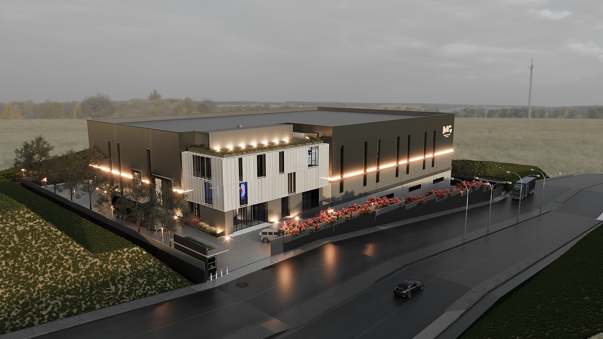 Elevated night perspective of factory with green-roofed office wing and landscaped perimeter