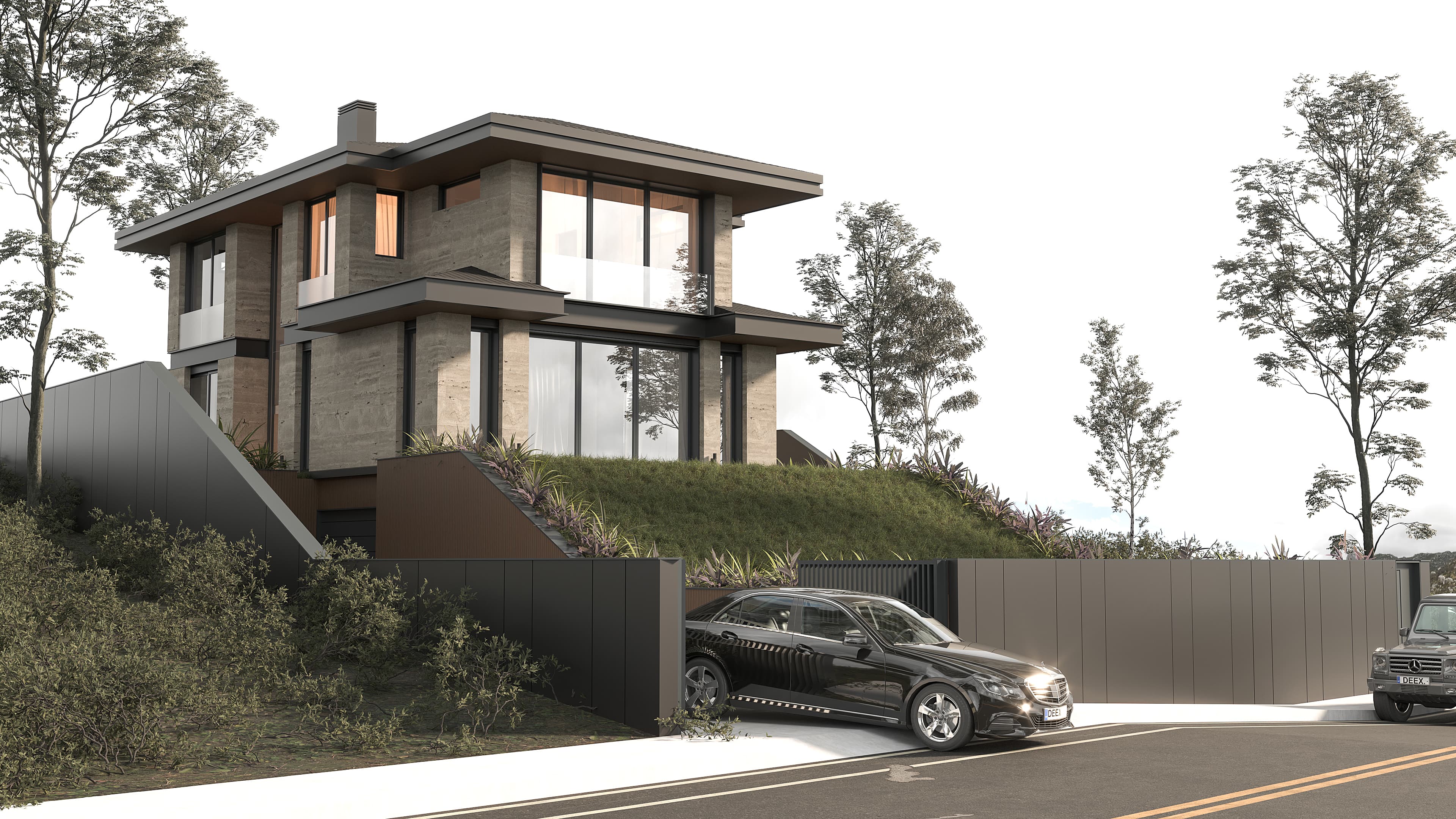 Stone-clad hillside house with green roof ramp and gated street access