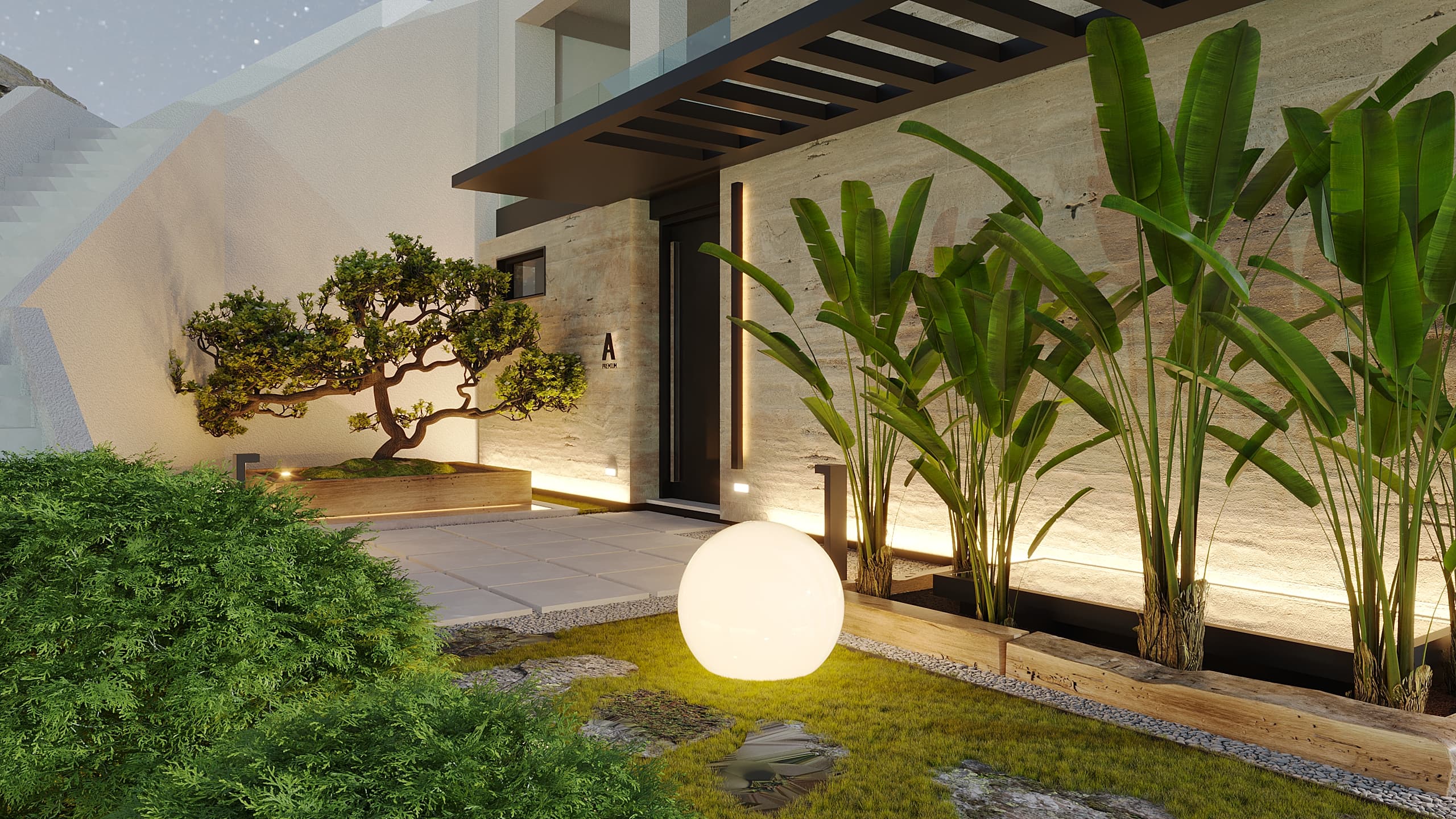 Landscaped entrance with bonsai tree, globe light, and tropical plants at night