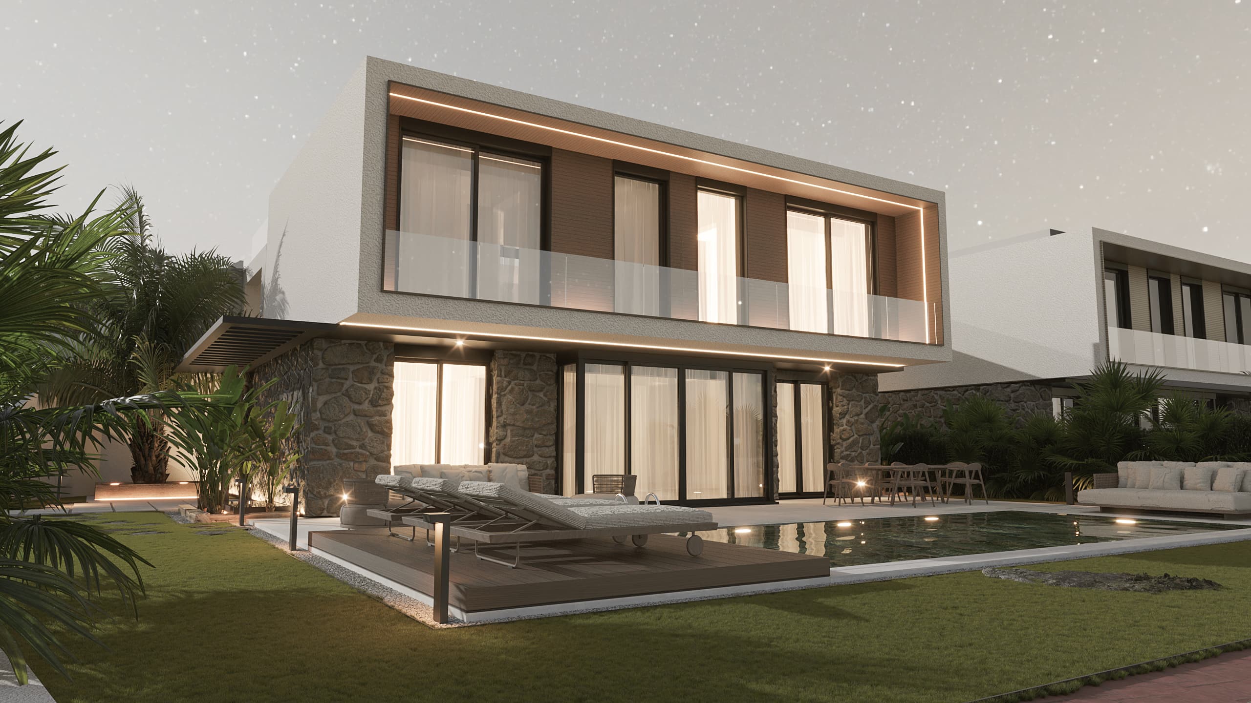 Villa rear facade with dark stone base, glass balconies, and poolside terrace