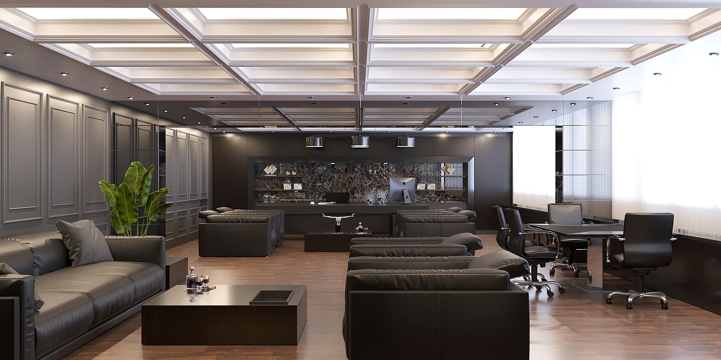 Executive office wide angle with leather seating and illuminated ceiling