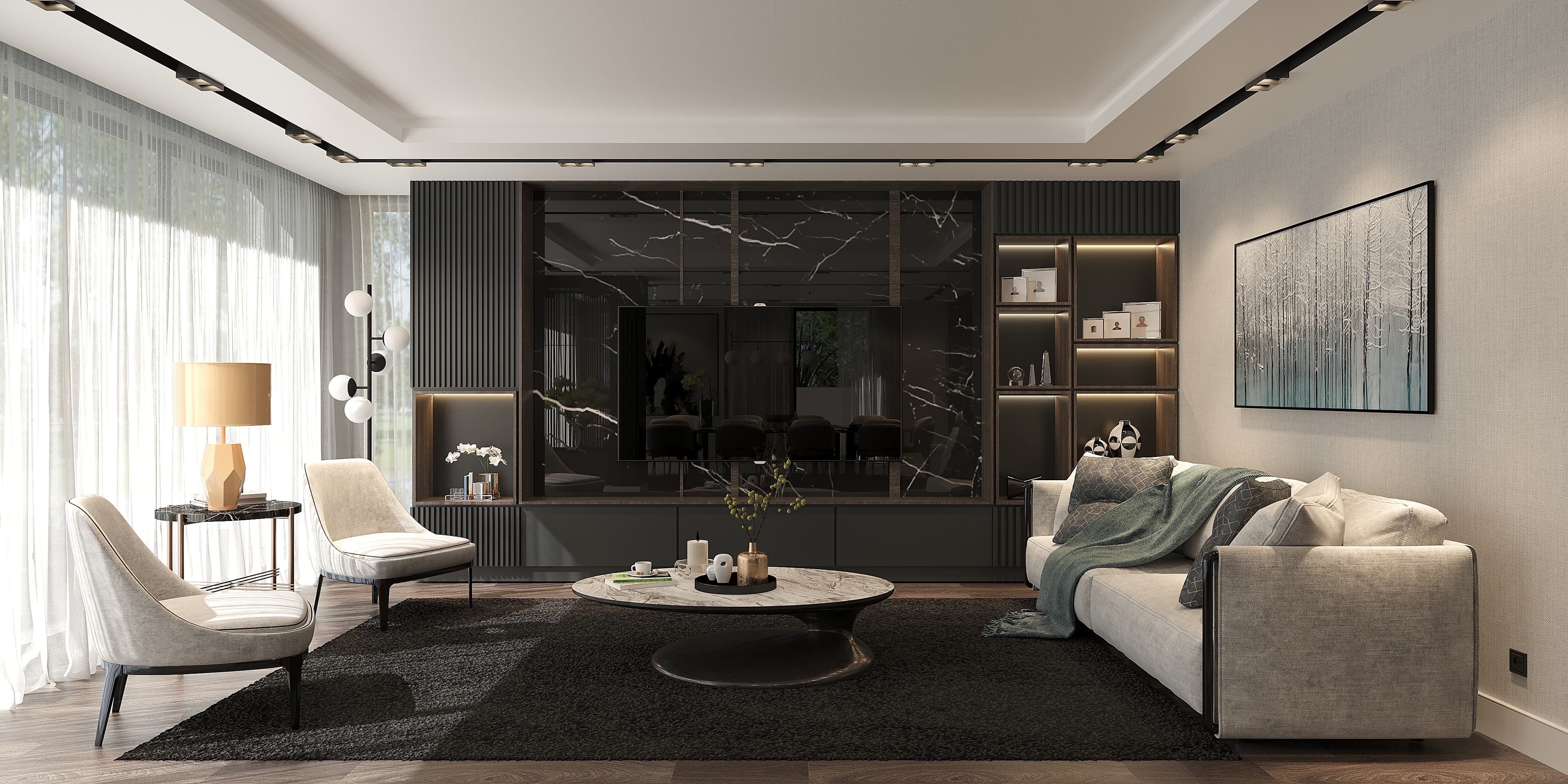 Grand living room with marble TV wall and black marble shelving