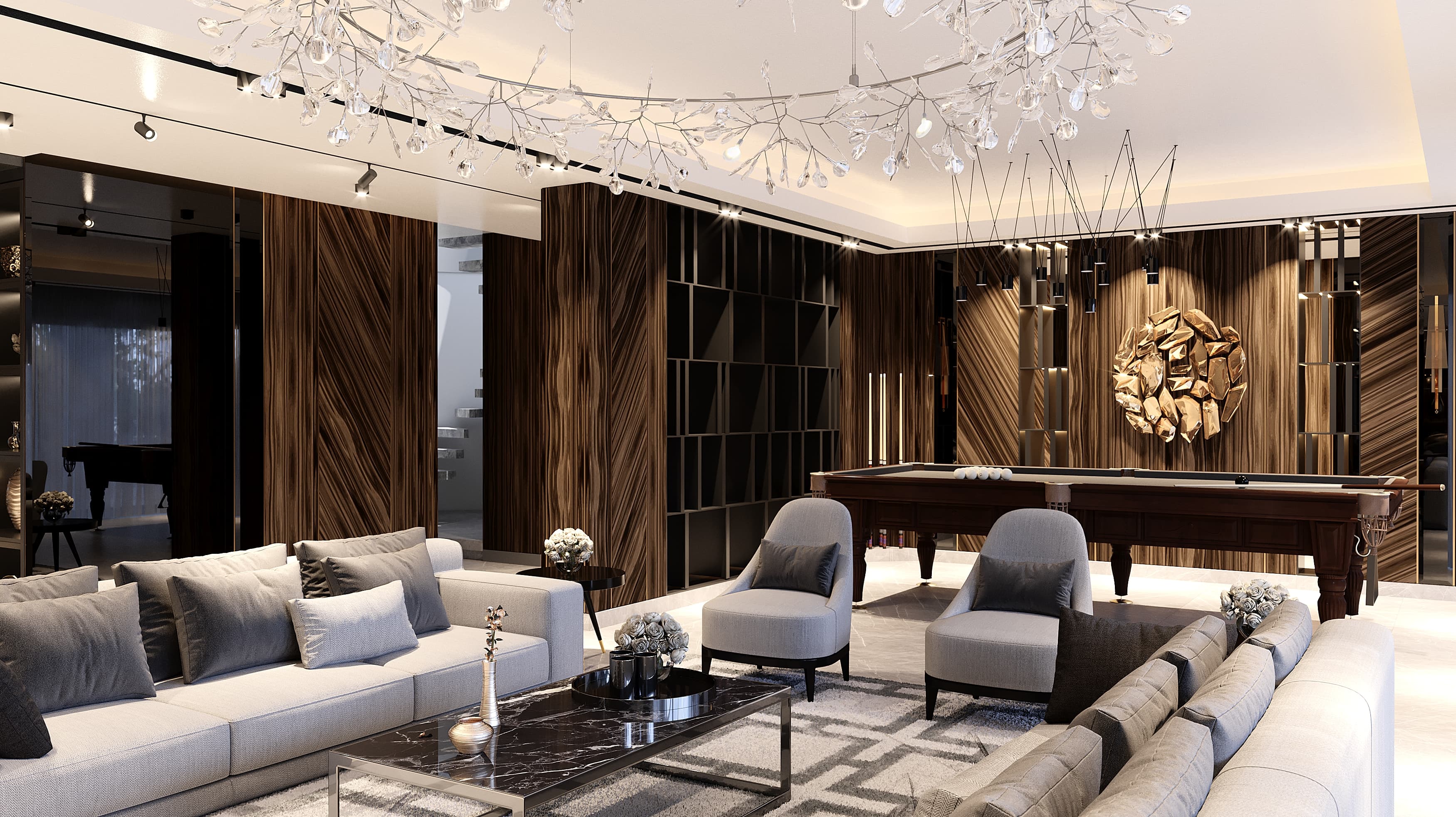 Entertainment room with billiard table, exotic wood panels and chandelier