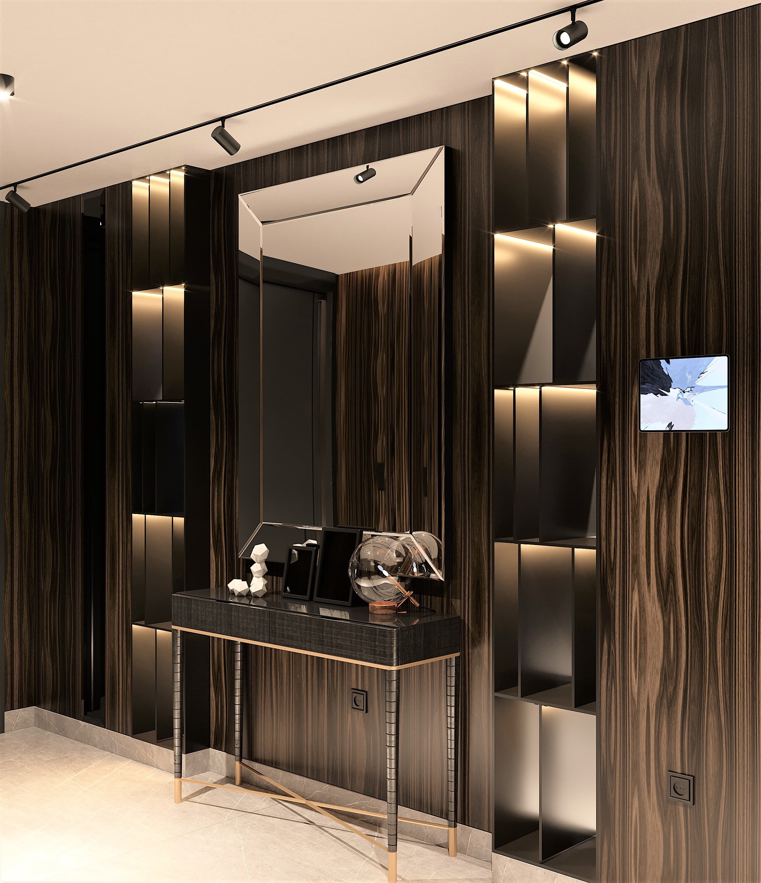 Entryway with console table, decorative objects and illuminated niches