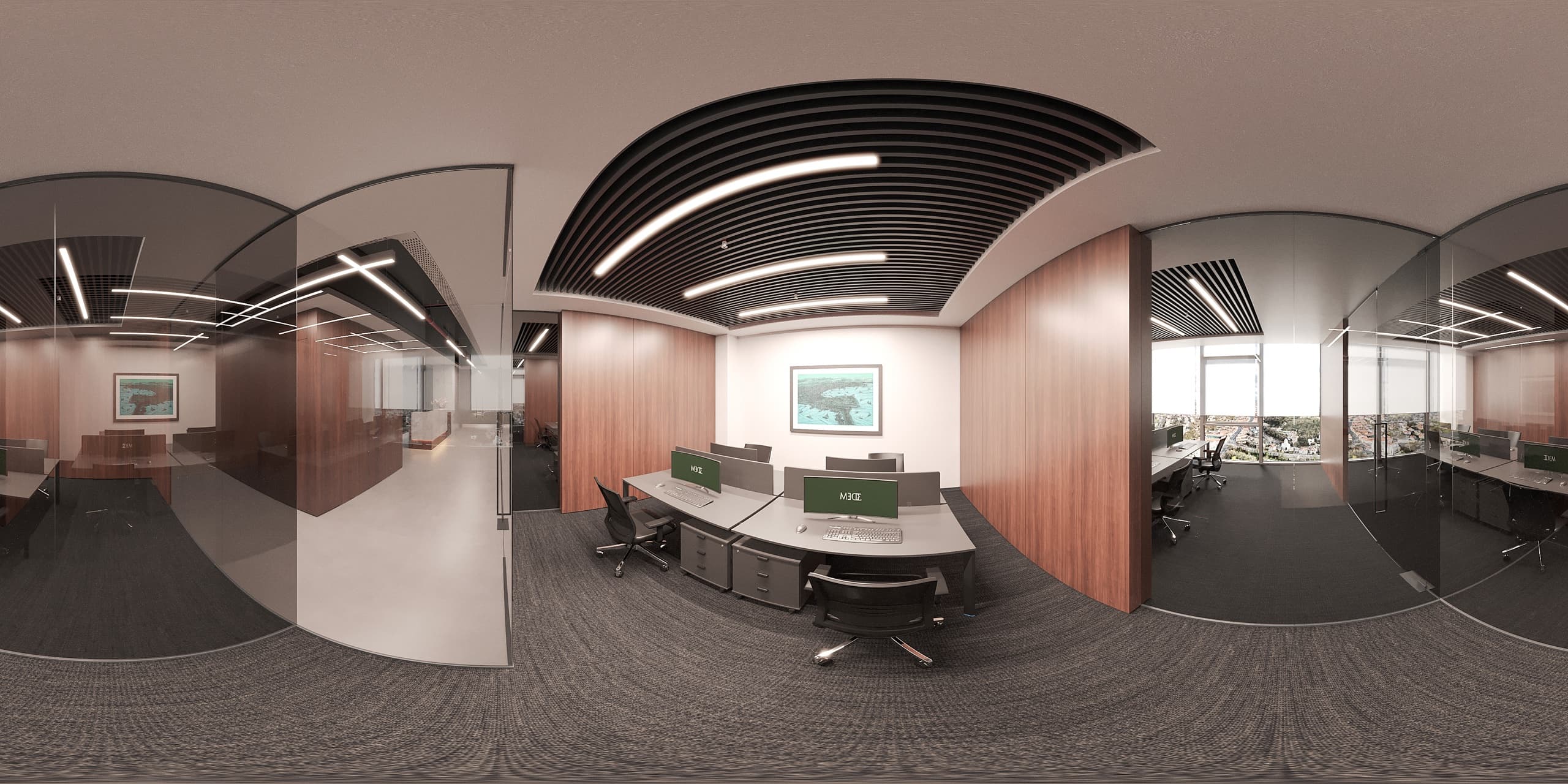 Reception zone with brand wall and curved ceiling reveal