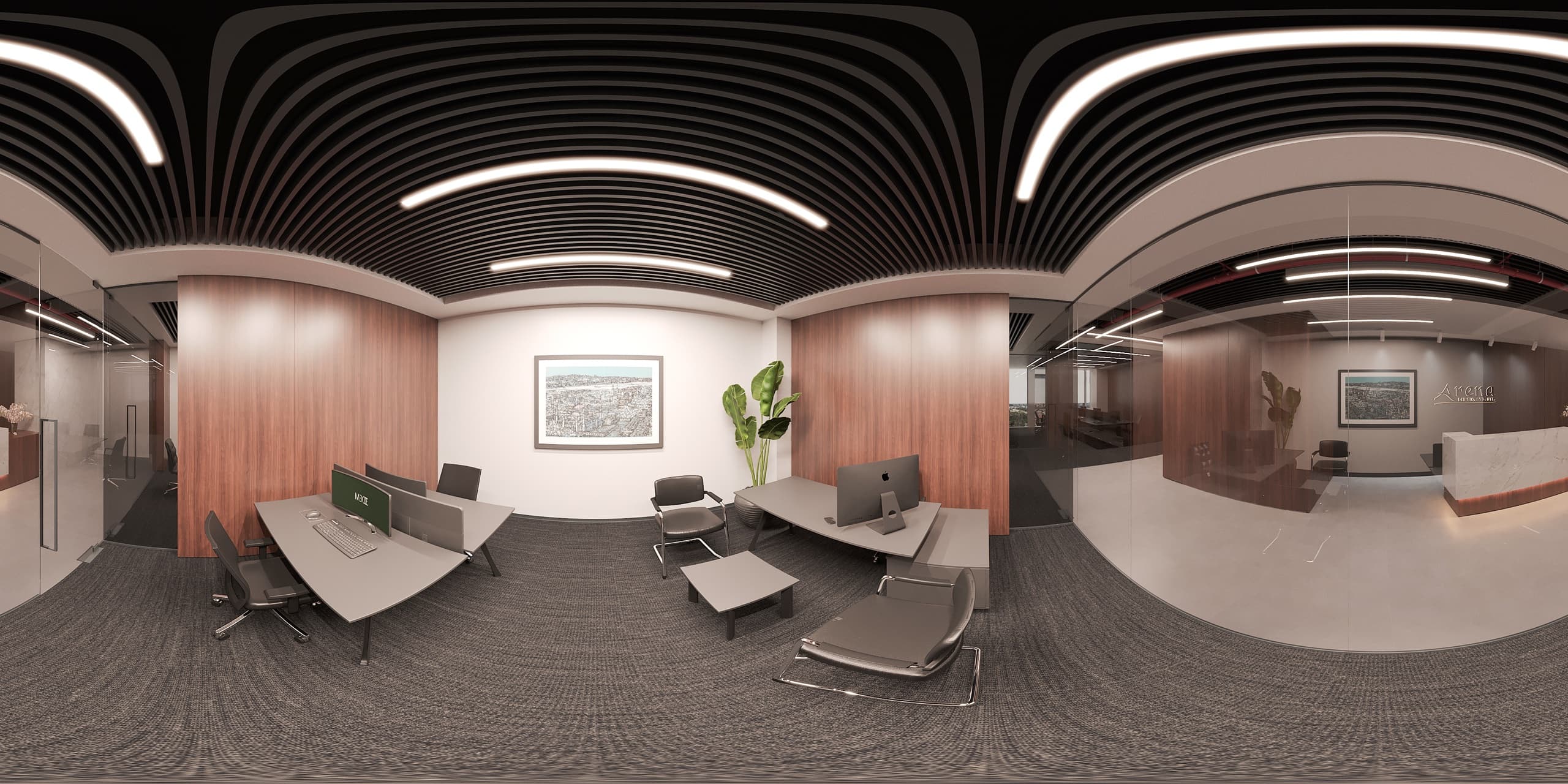 Wide view showing the spatial relationship between meeting and lounge zones