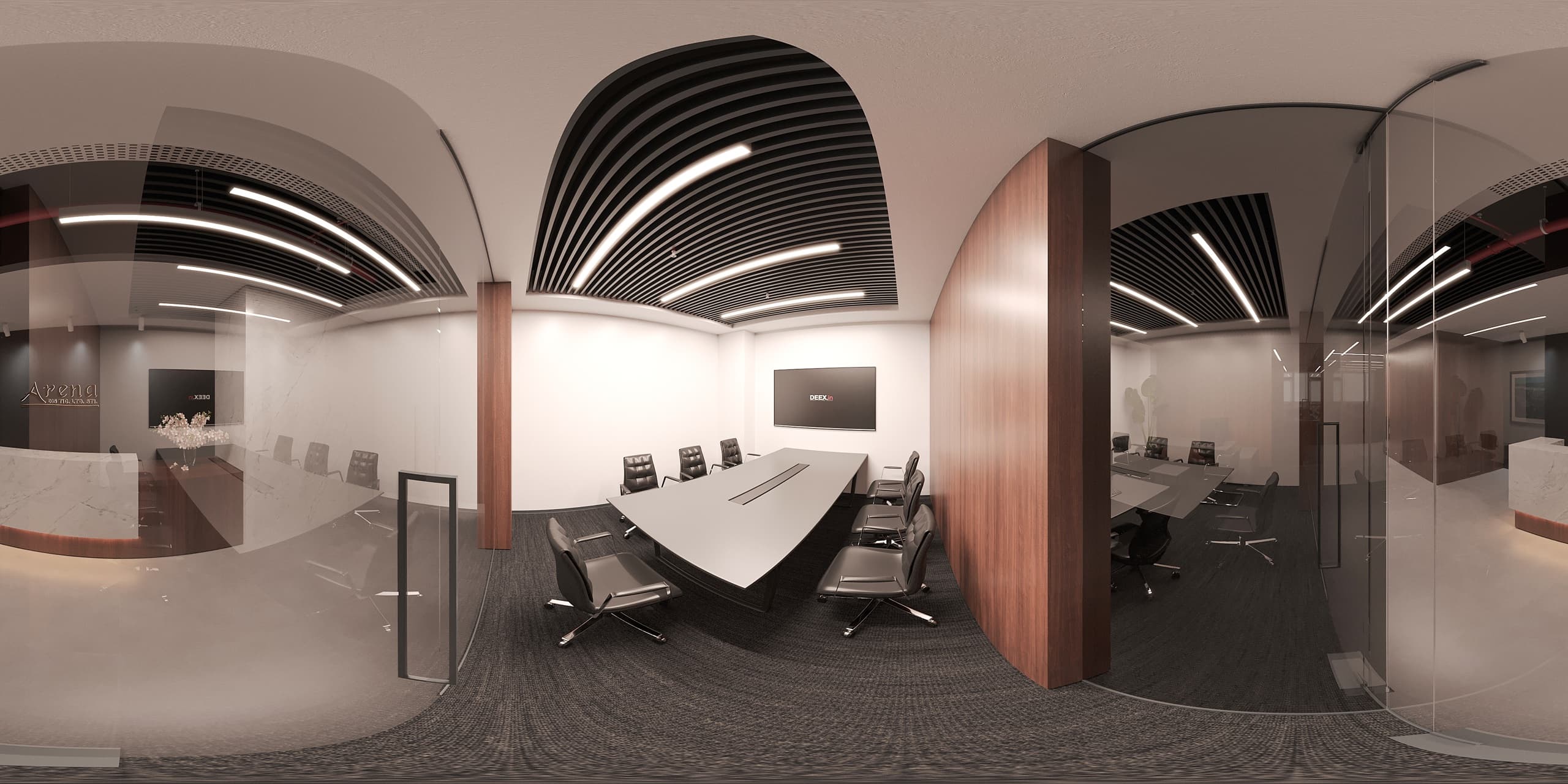 Detail of tactile carpet meeting walnut joinery