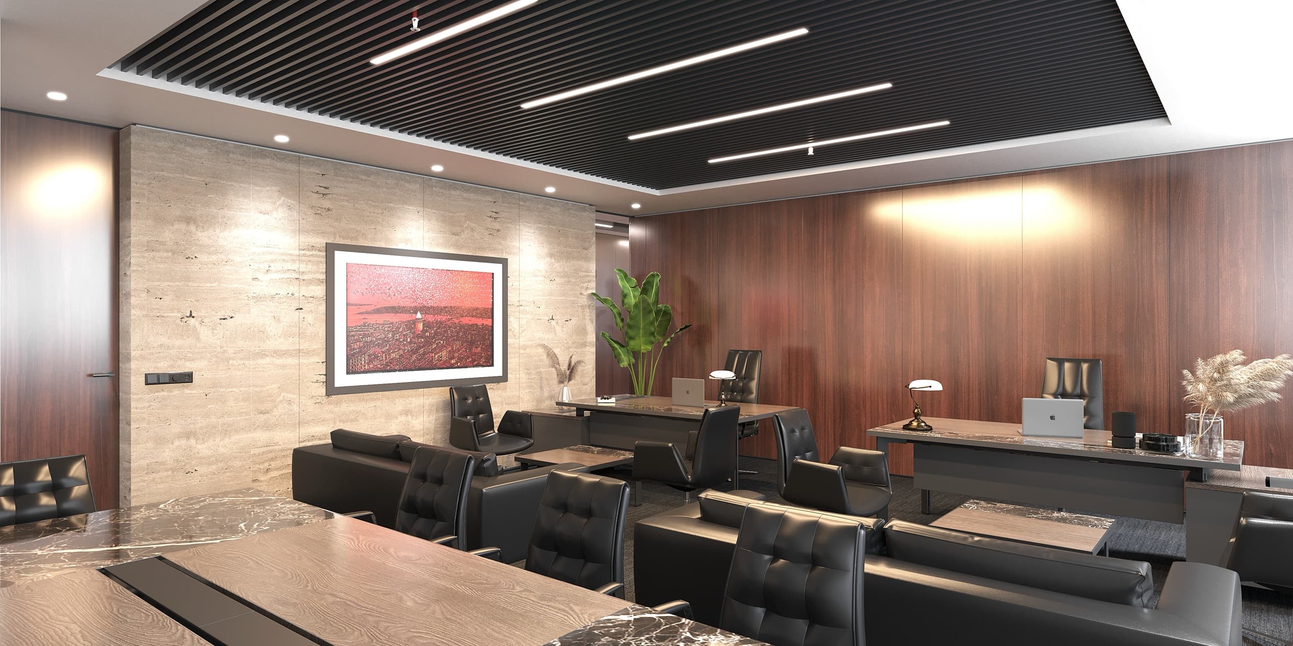 Twilight render showing internal lighting against city skyline