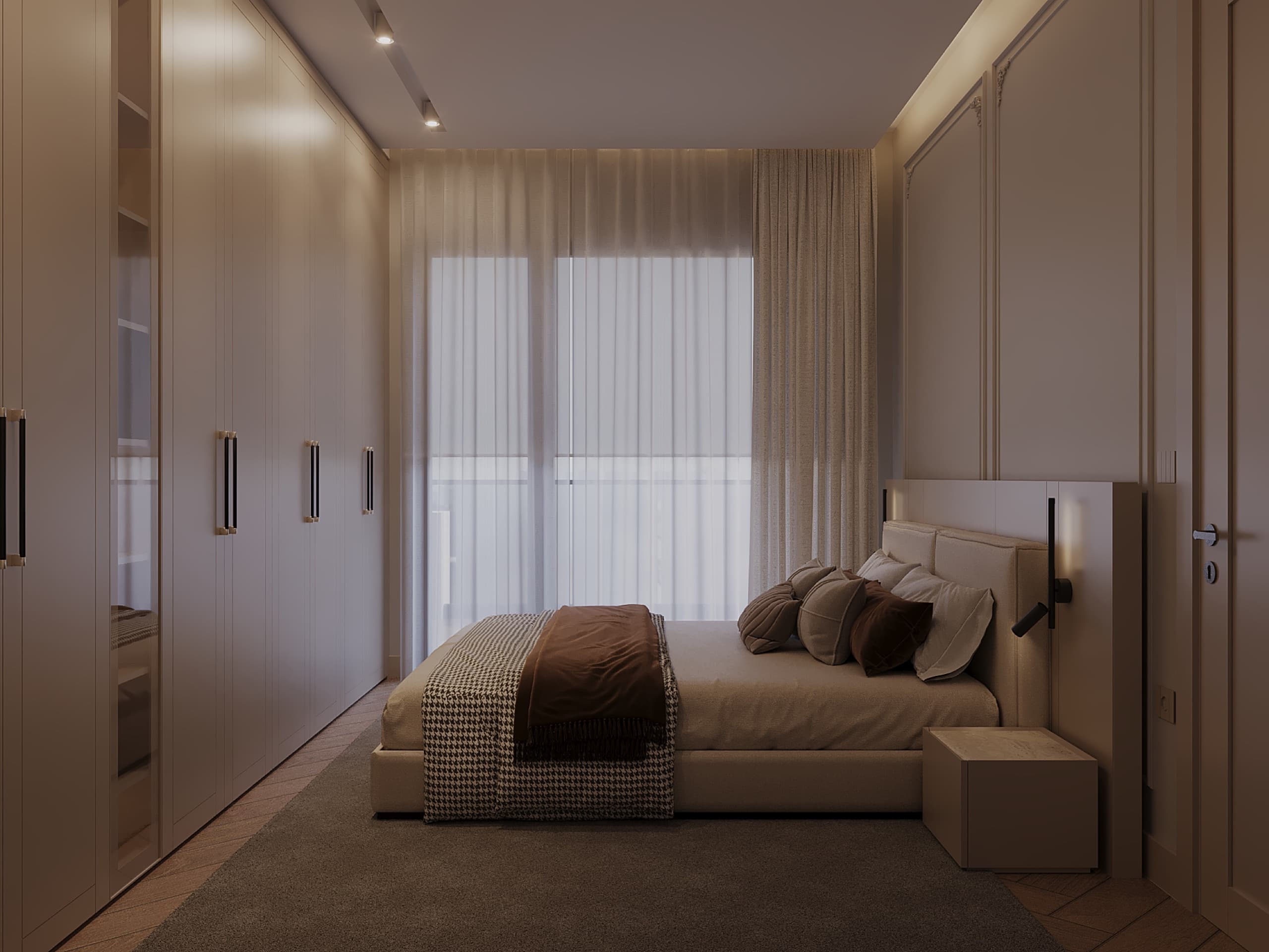Family room with reading nook and integrated shelving