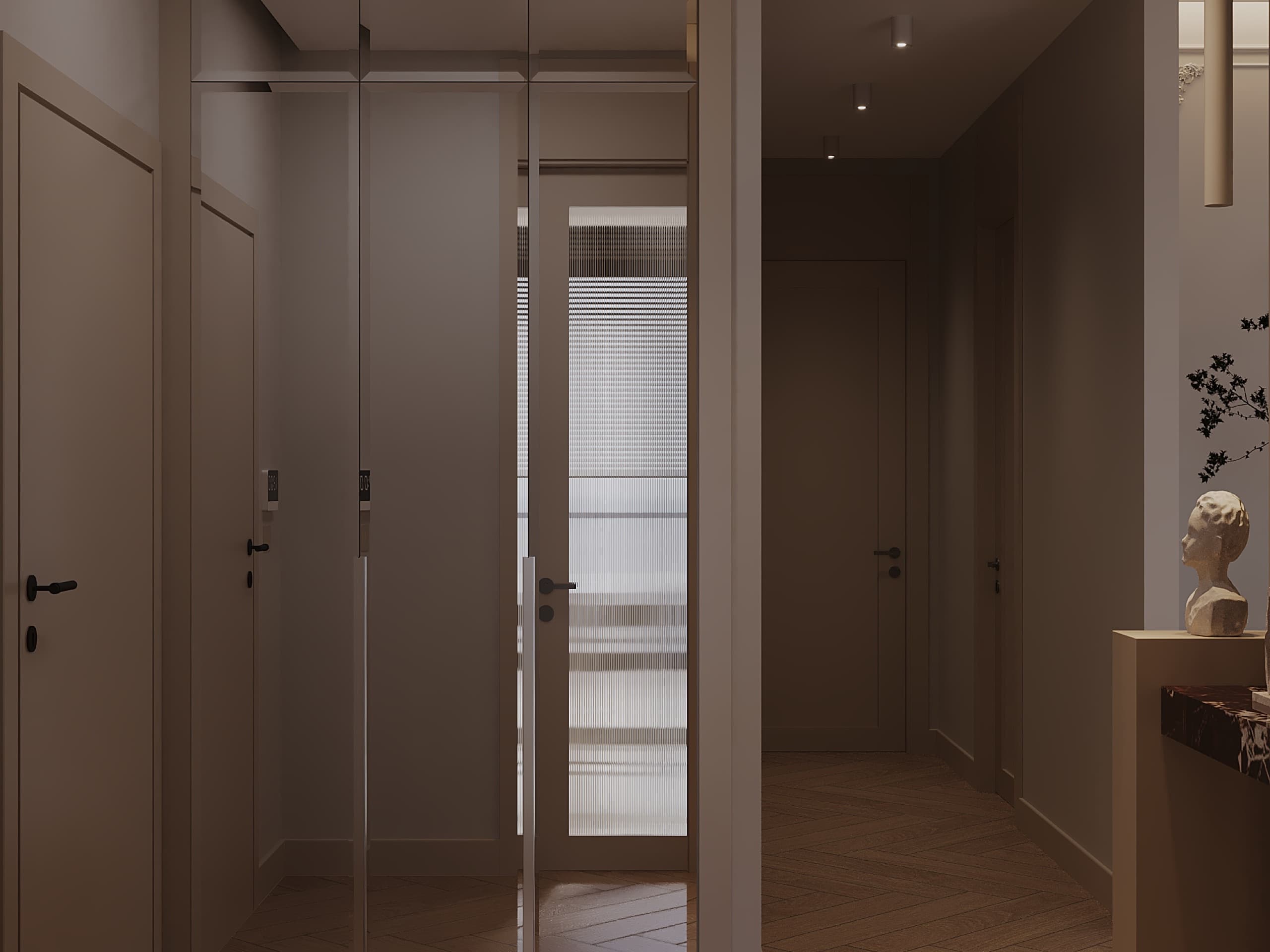 Walk-in wardrobe with custom millwork and lighting