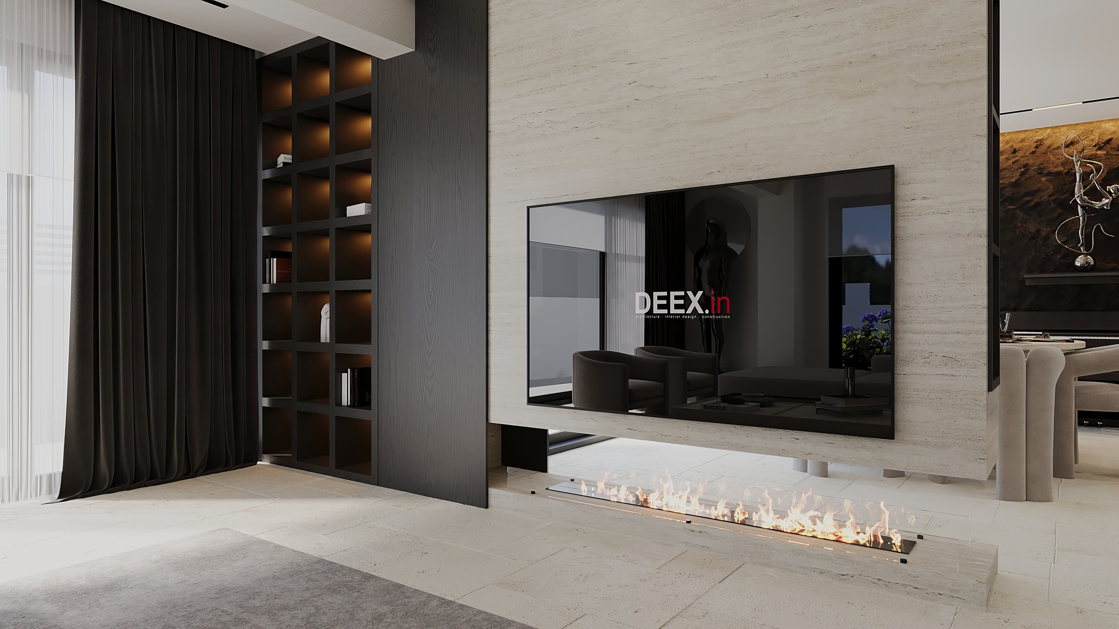 TV wall with travertine cladding, linear fireplace, and dark bookshelf divider