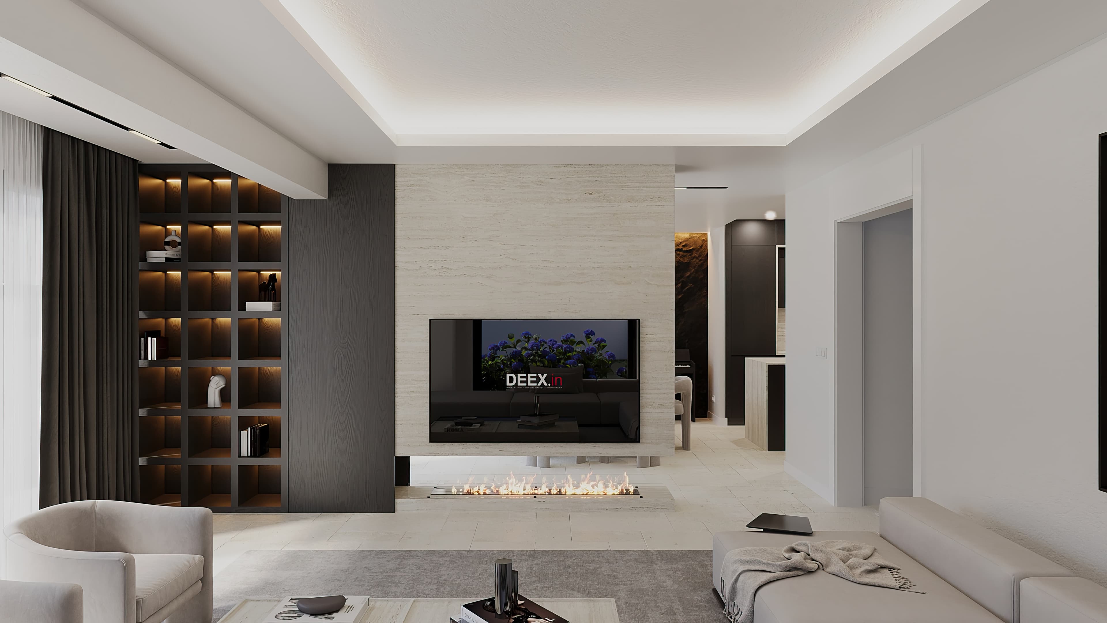 Living room view showing TV wall with fireplace, bookshelf, and white seating