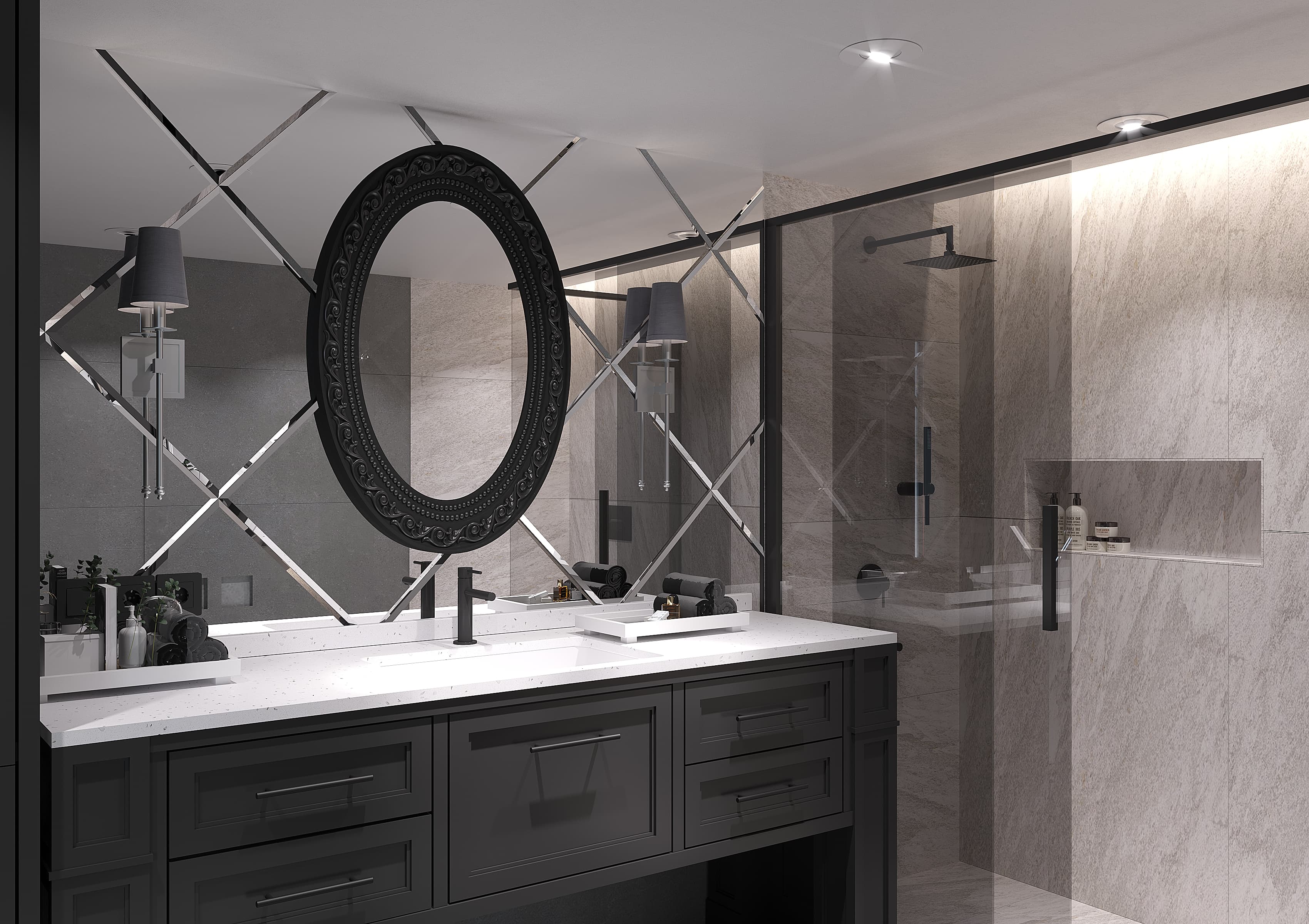 Bathroom vanity with ornate oval mirror and diamond-patterned wall