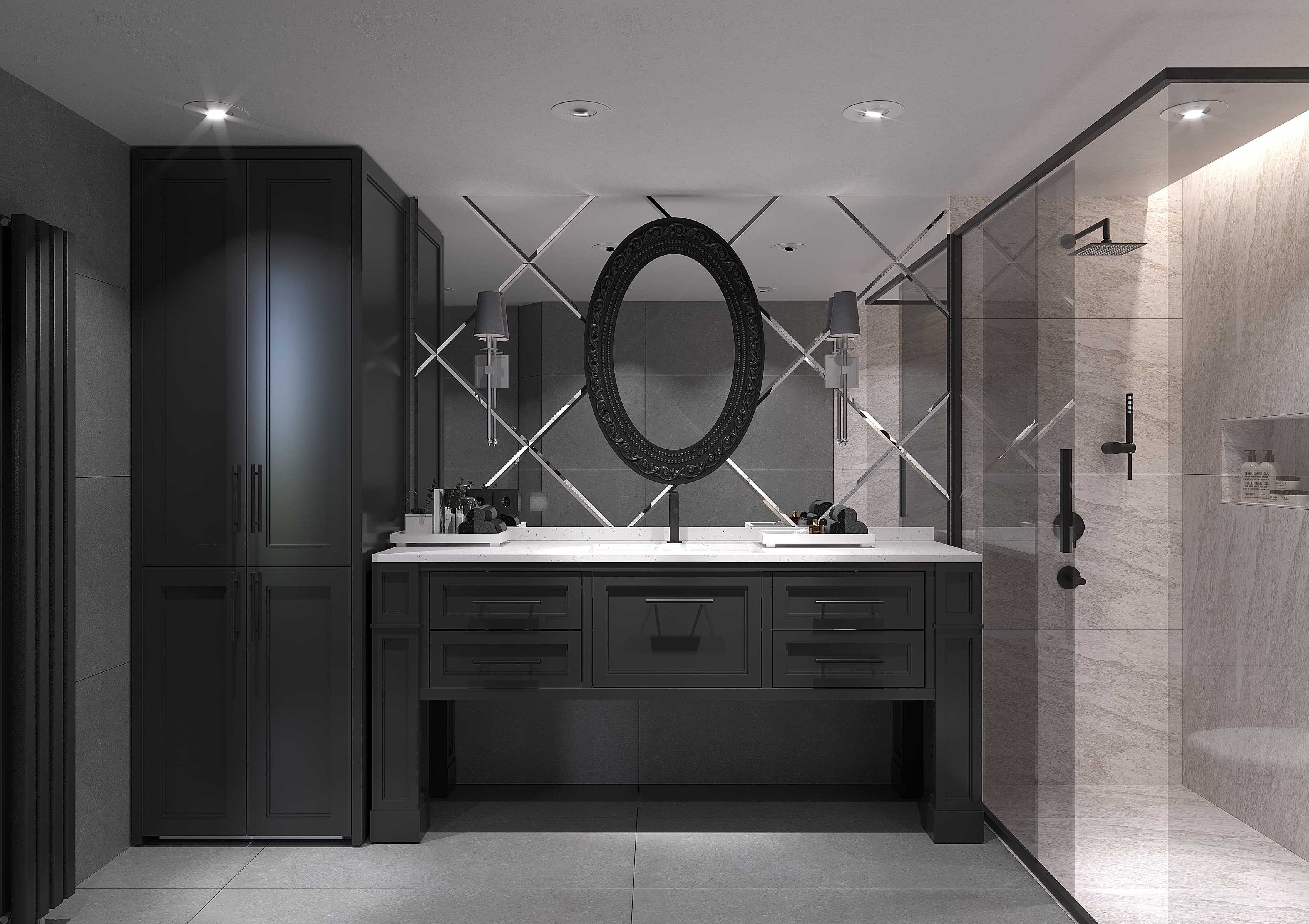 Wider bathroom view with double vanity and glass shower