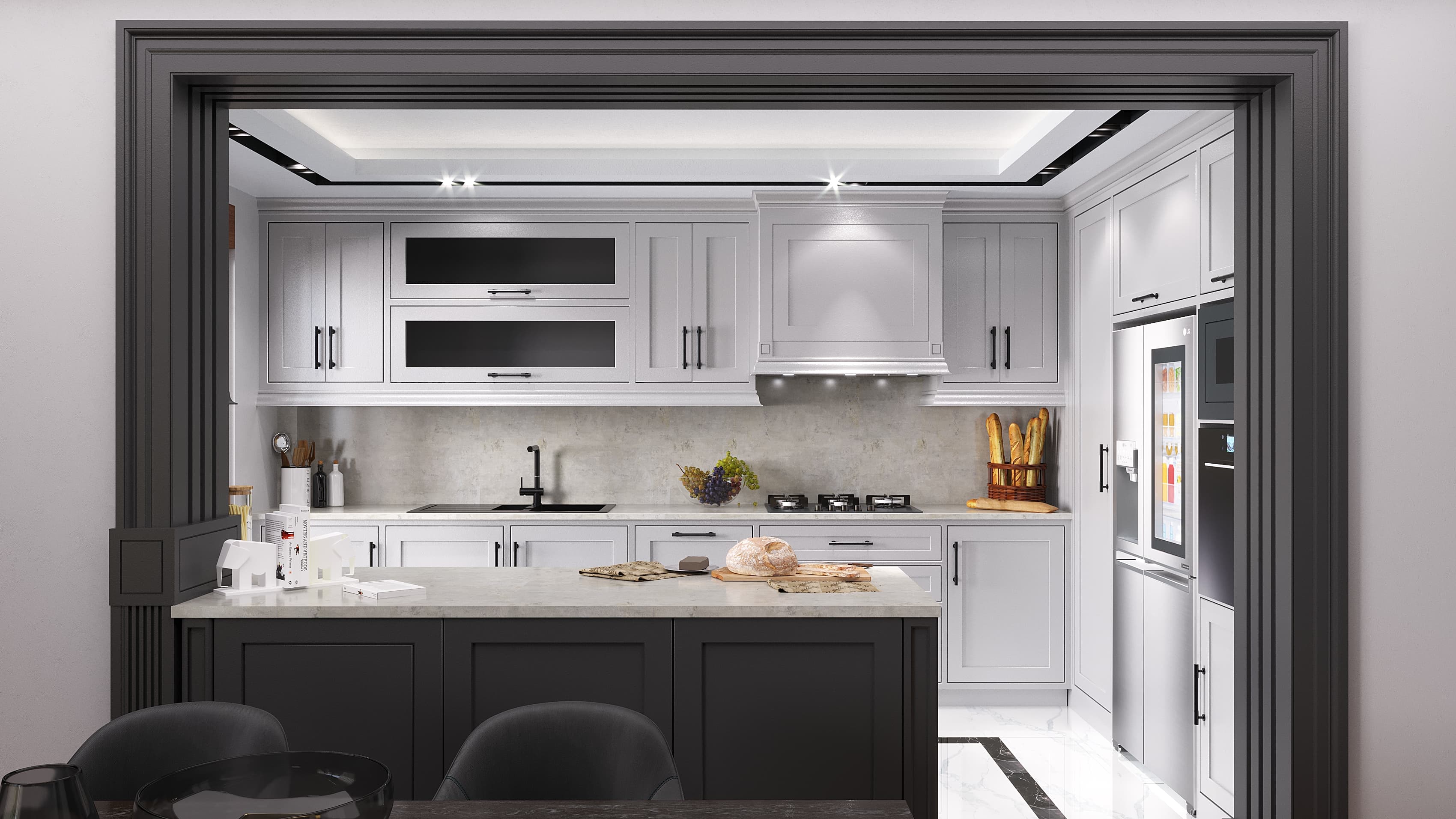 Kitchen viewed through dark framed opening with bar stools at island