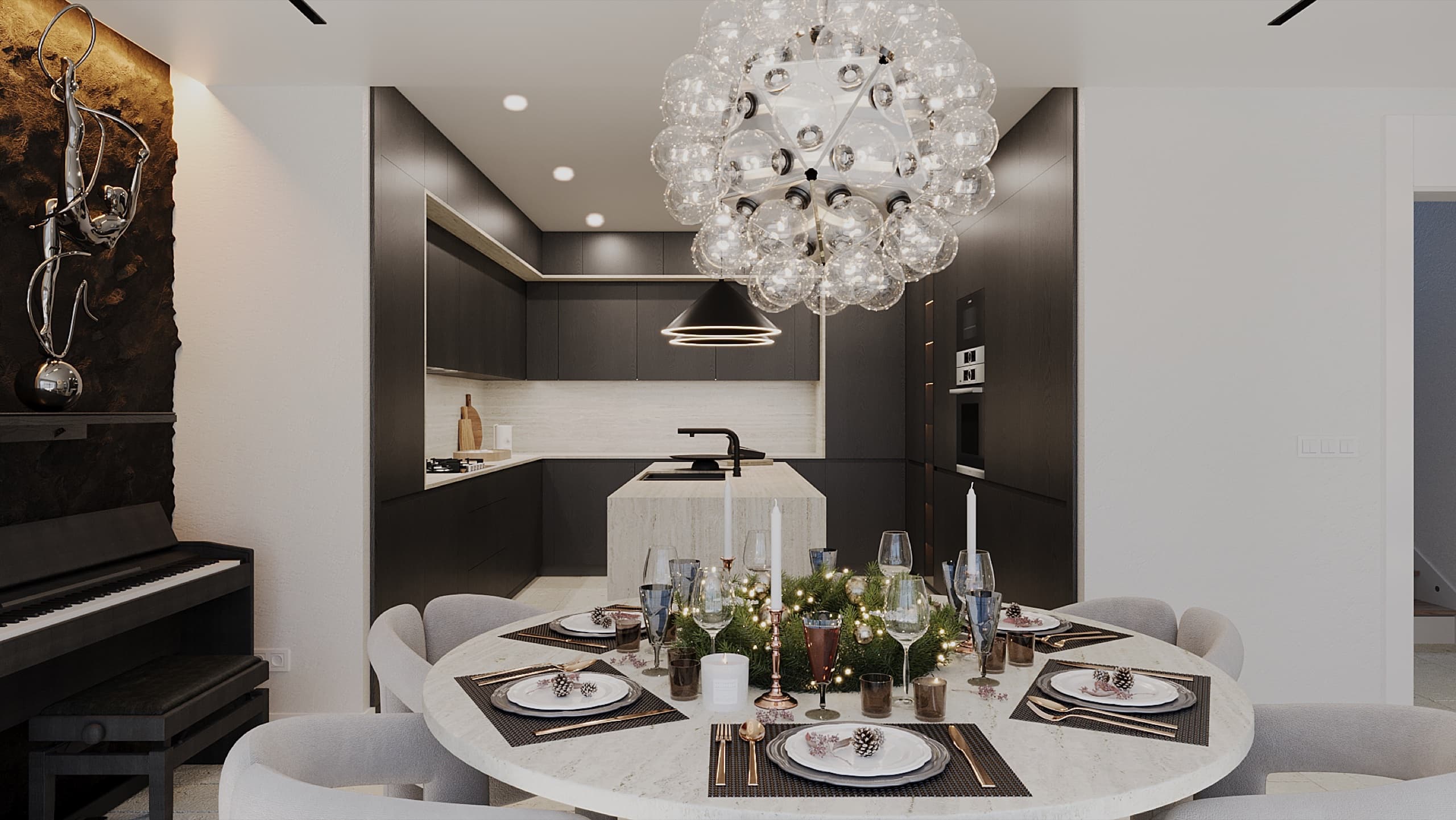 Open-plan living area connected to kitchen and dining