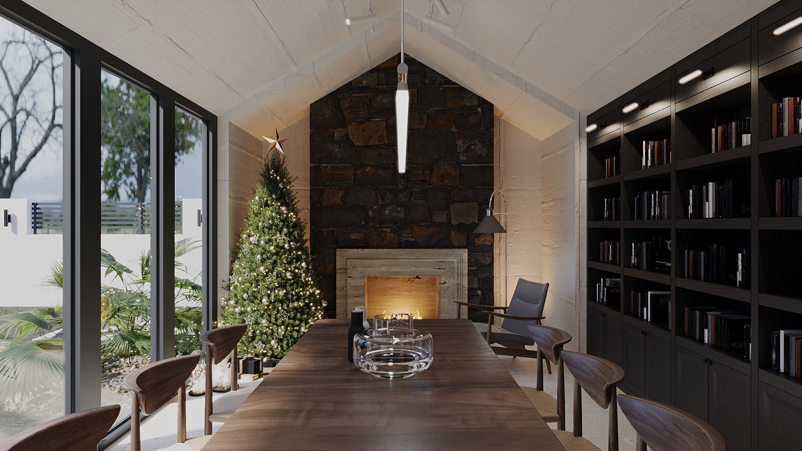 Dining area with sculptural pendant and view of garden