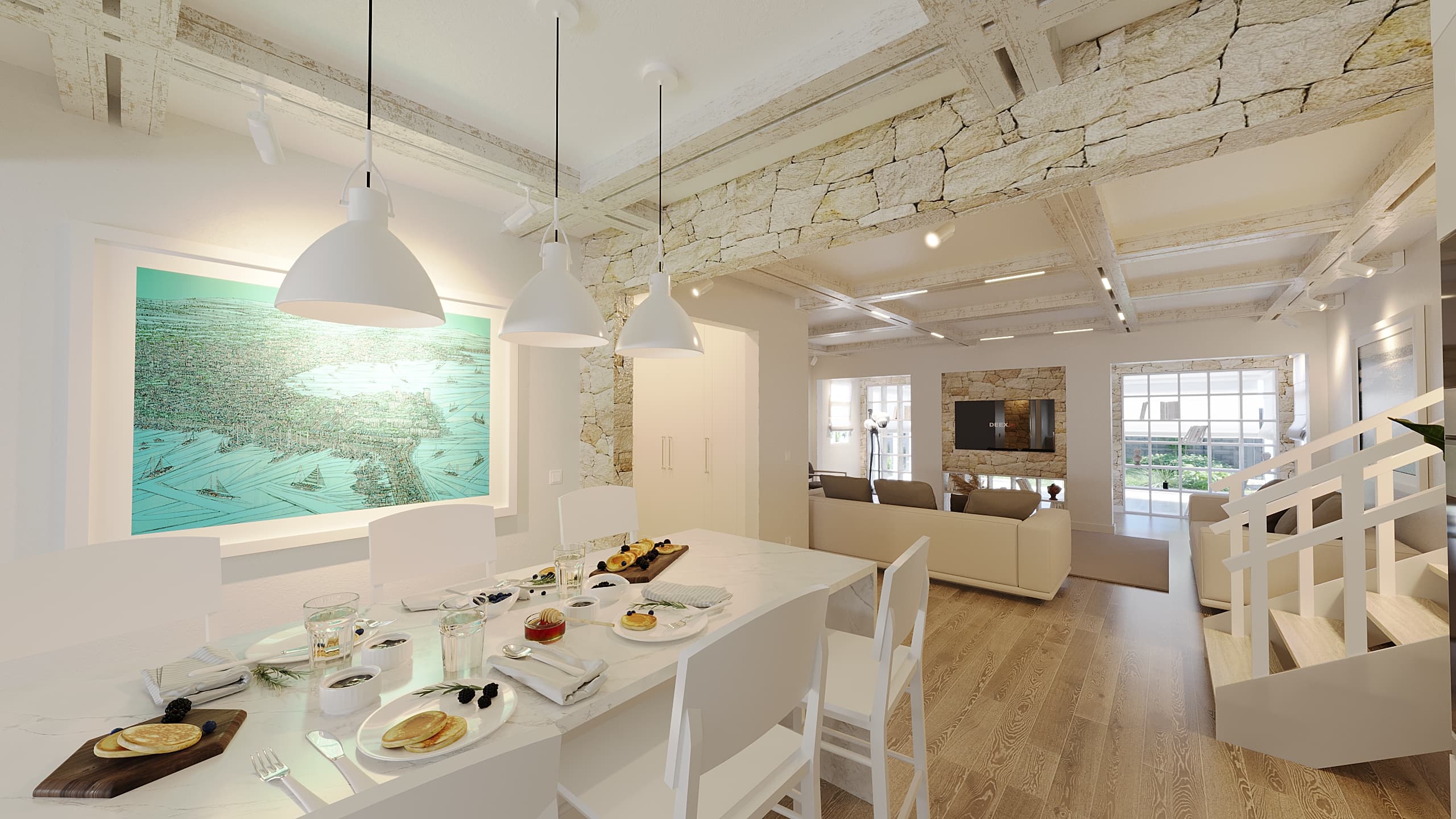 Dining area with white table, coastal art, and stone accent wall
