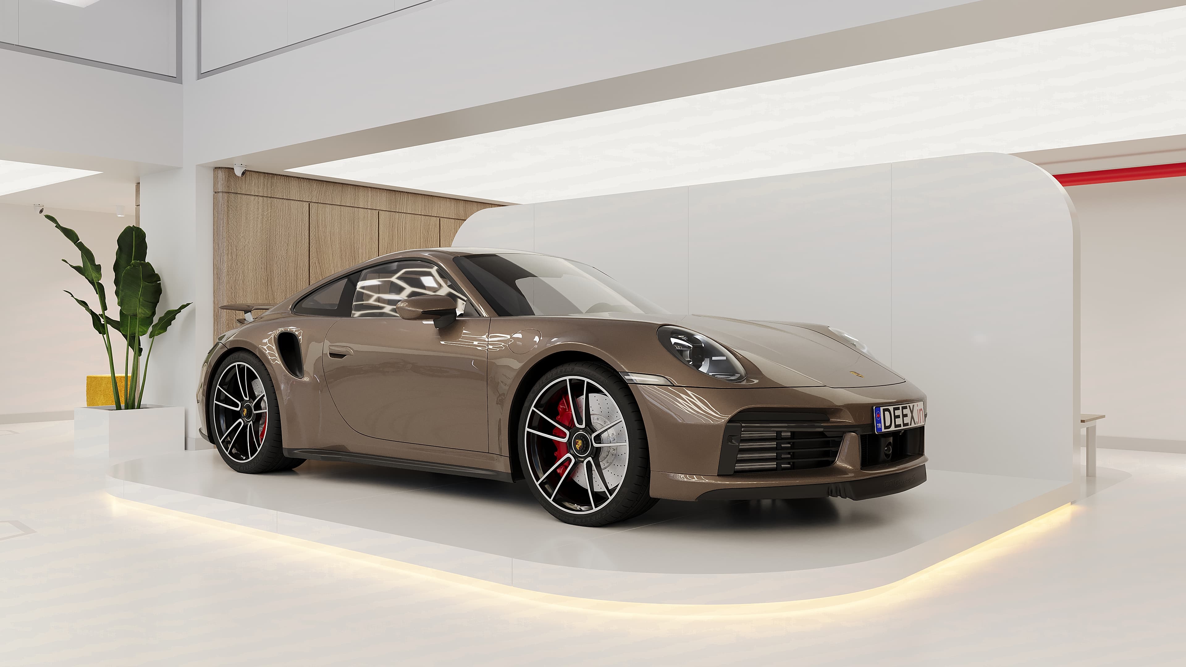 Front view of sports car on illuminated circular platform