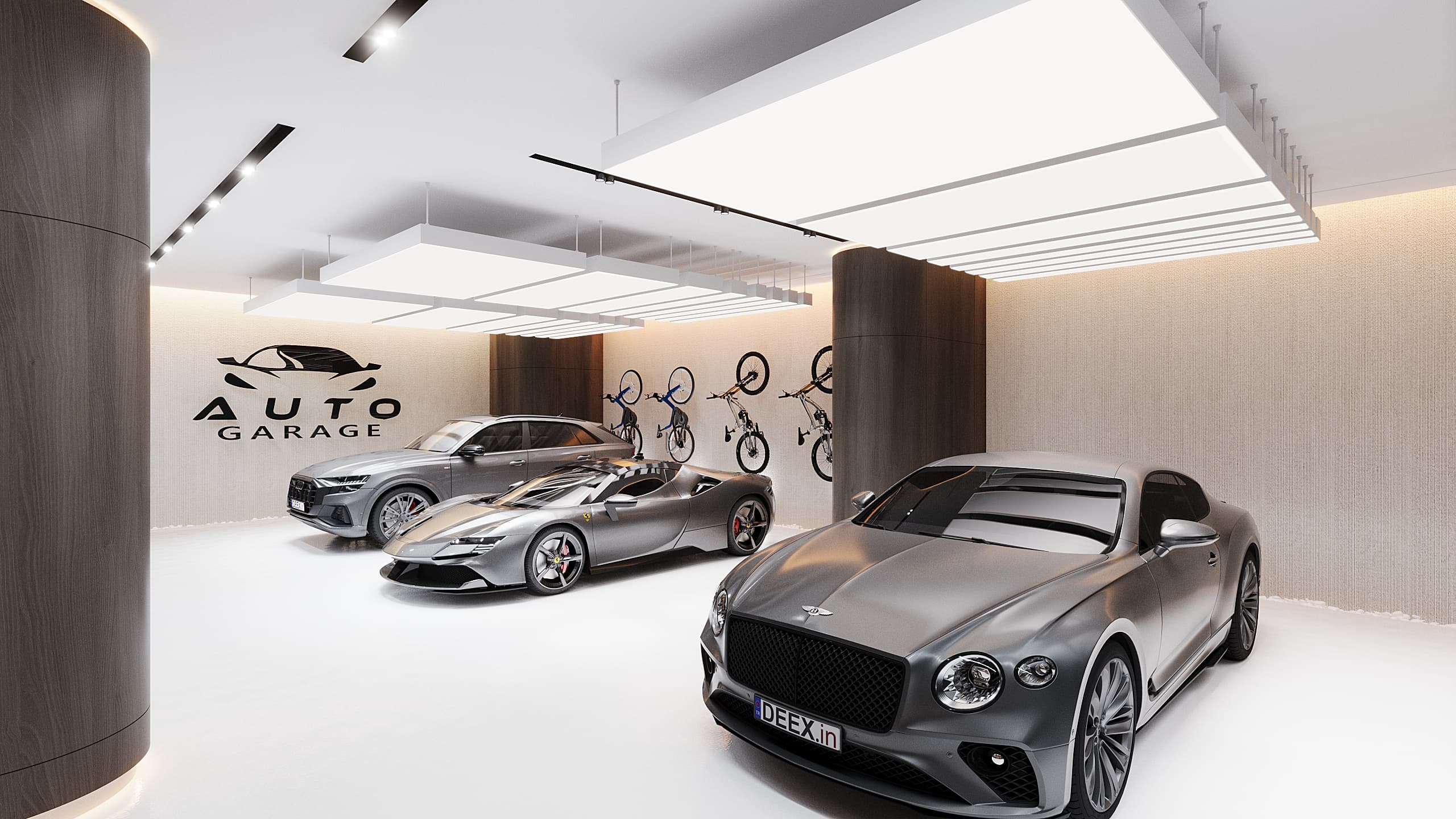 Basement garage with Bentley, Ferrari, Audi and wall-mounted bicycles
