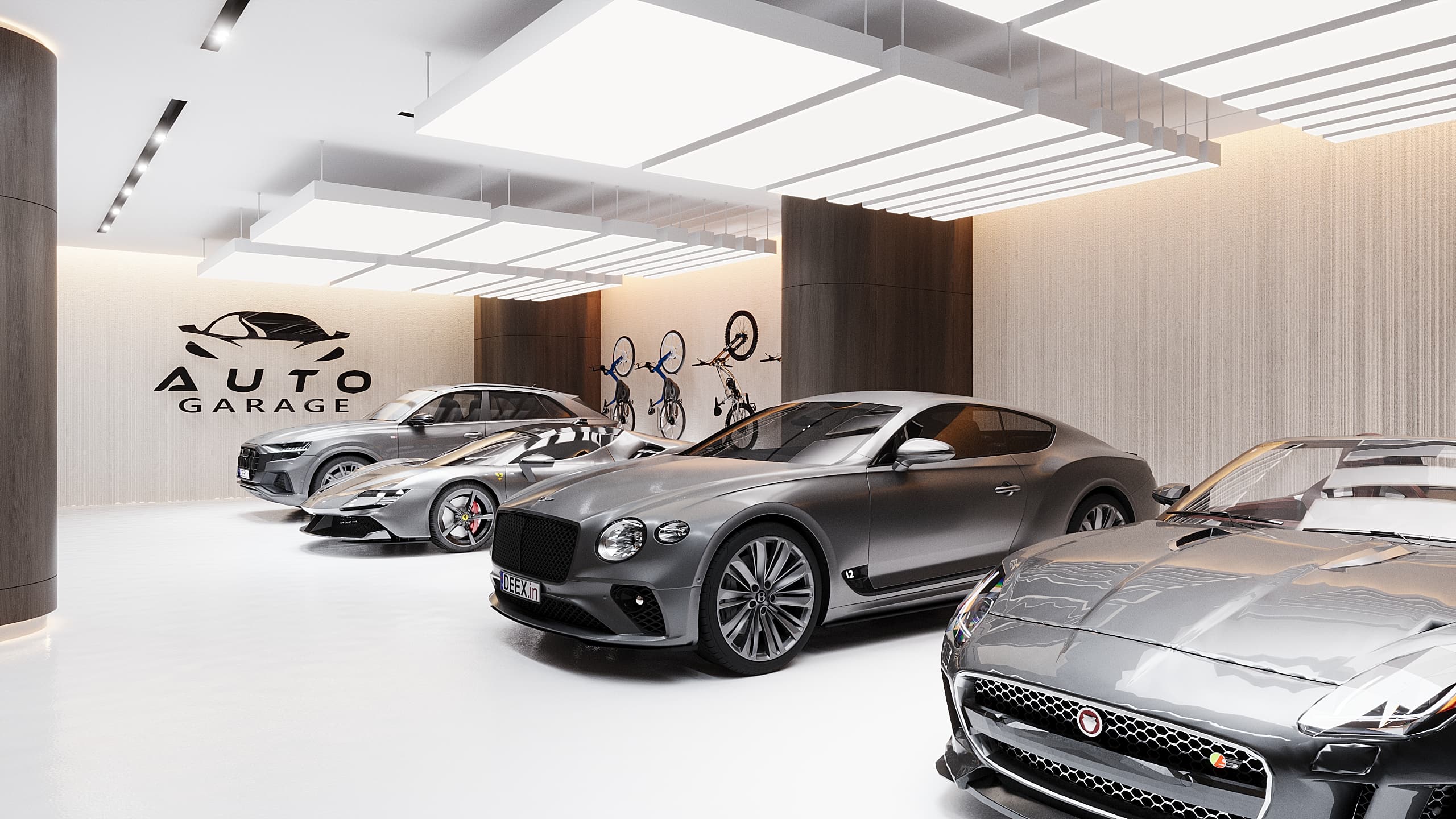 Wide basement garage view with multiple luxury cars and bicycles