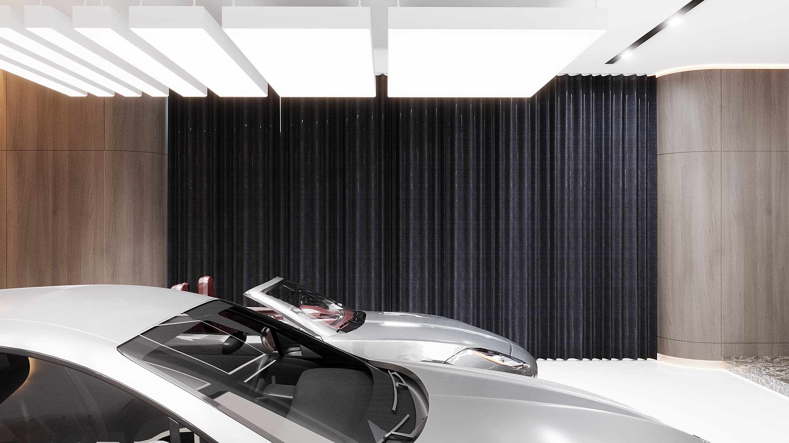 Convertible car detail with dark curtain backdrop