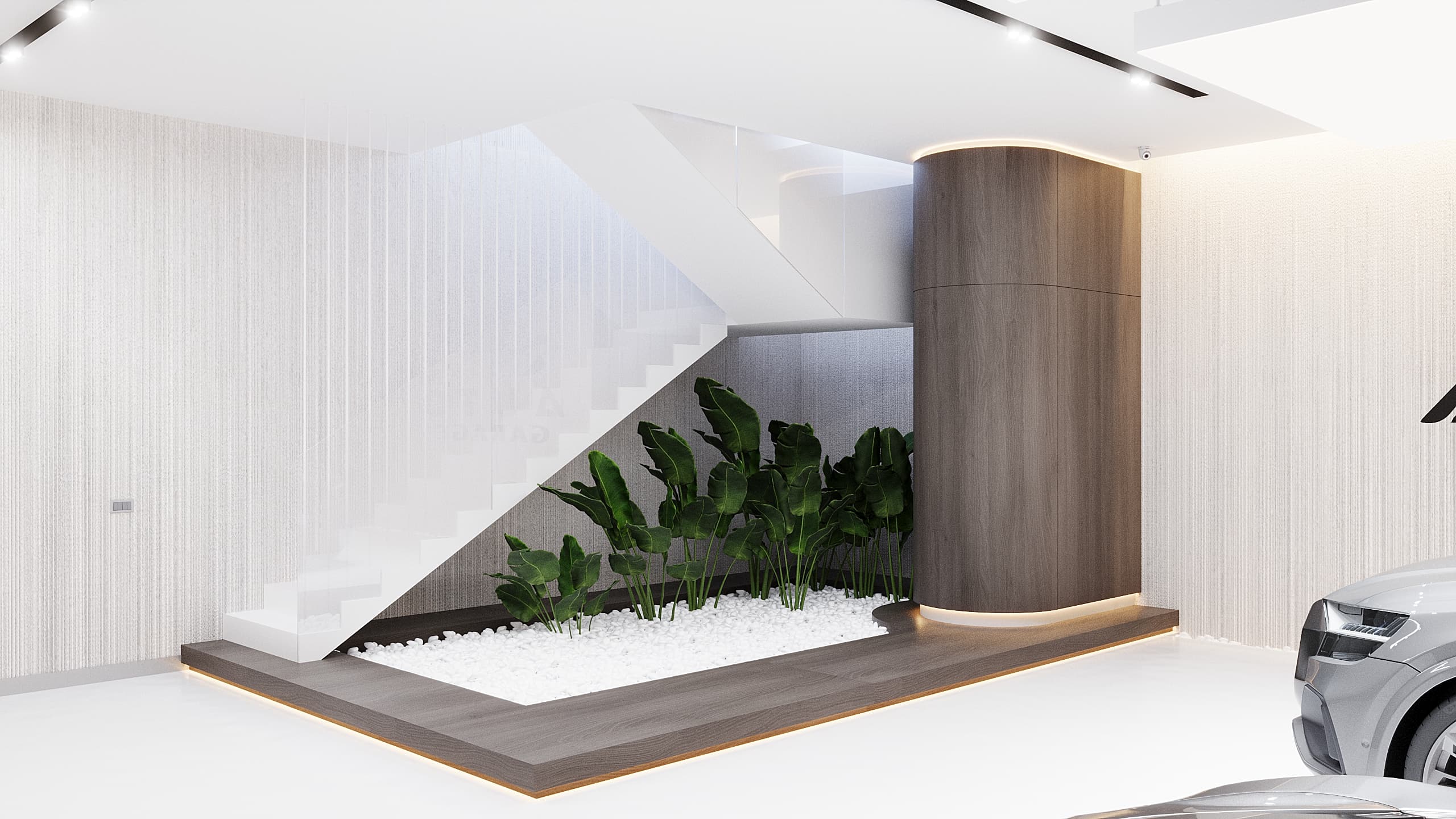 Staircase with indoor plants and cylindrical wood-clad column