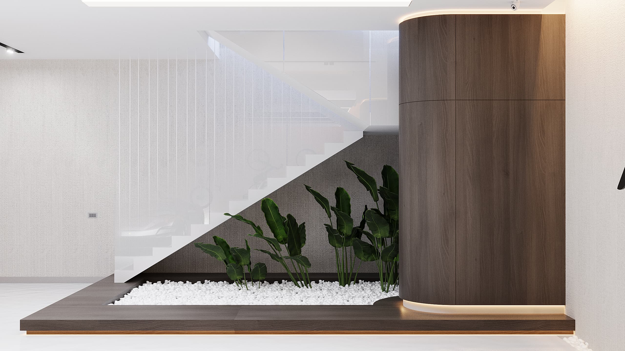 Another staircase angle with greenery and wood-clad column