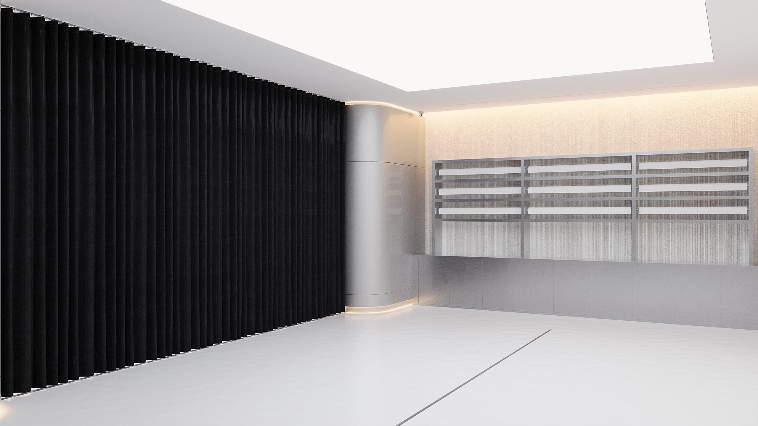 Dark curtained area with metal shelving display wall