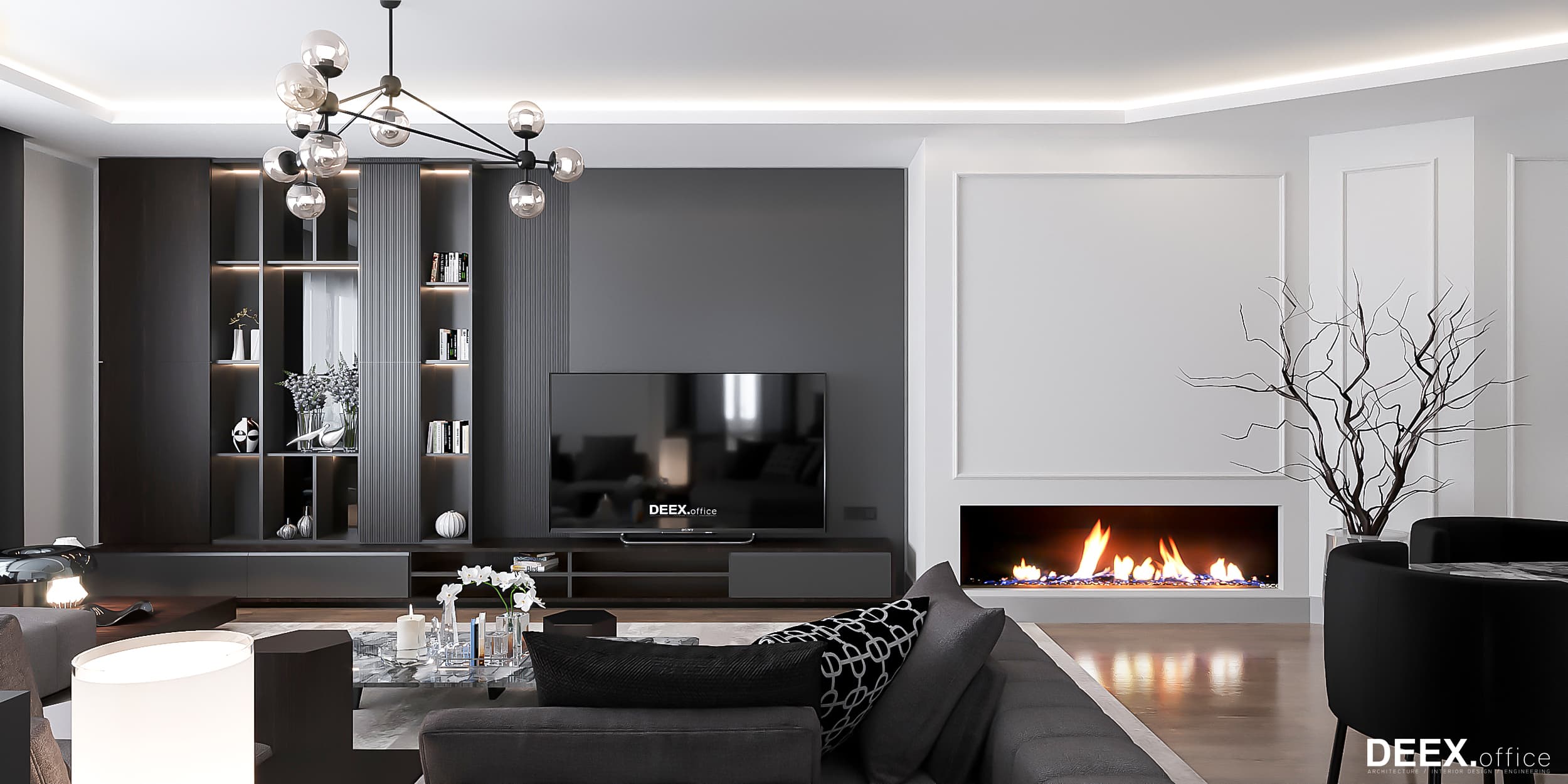 Living room with TV, fireplace, chandelier and dark grey palette