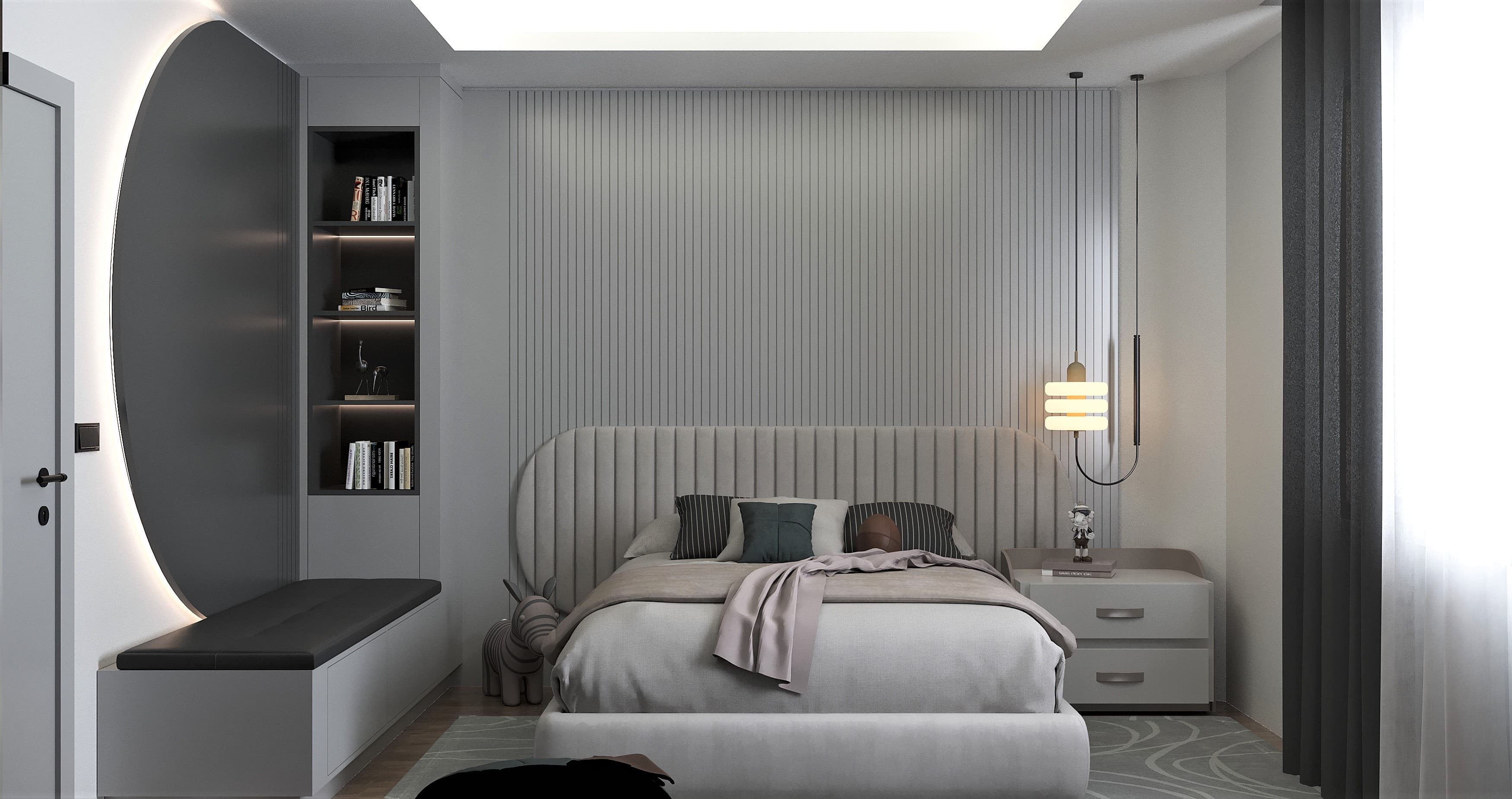 Child bedroom with curved niche and built-in bookshelf