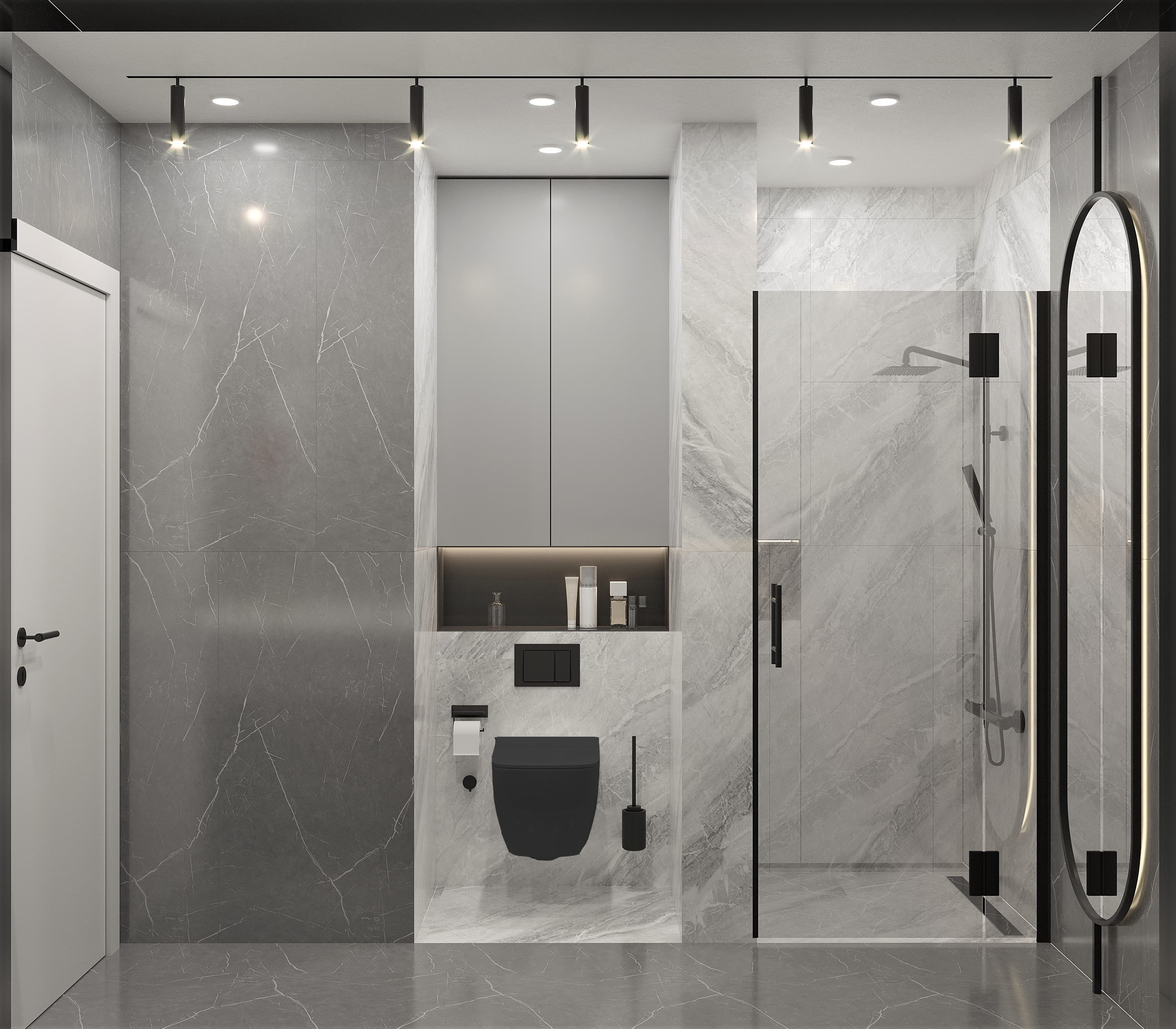 Compact bathroom with marble walls, black toilet and glass shower