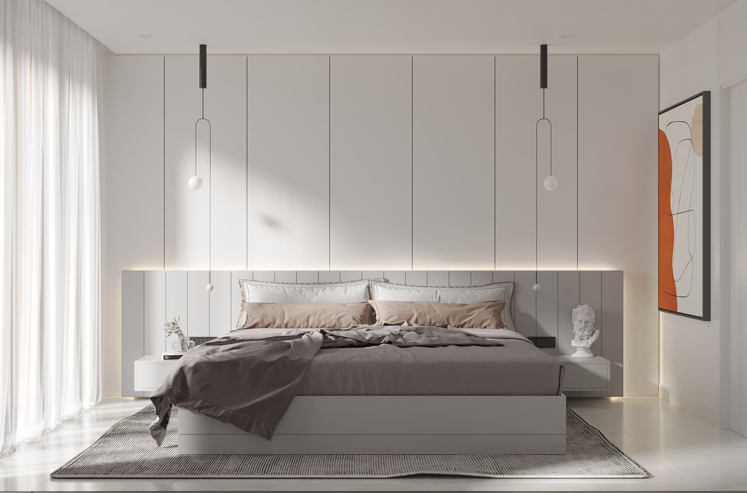 Kitchen detail of pendant lights and stone backsplash