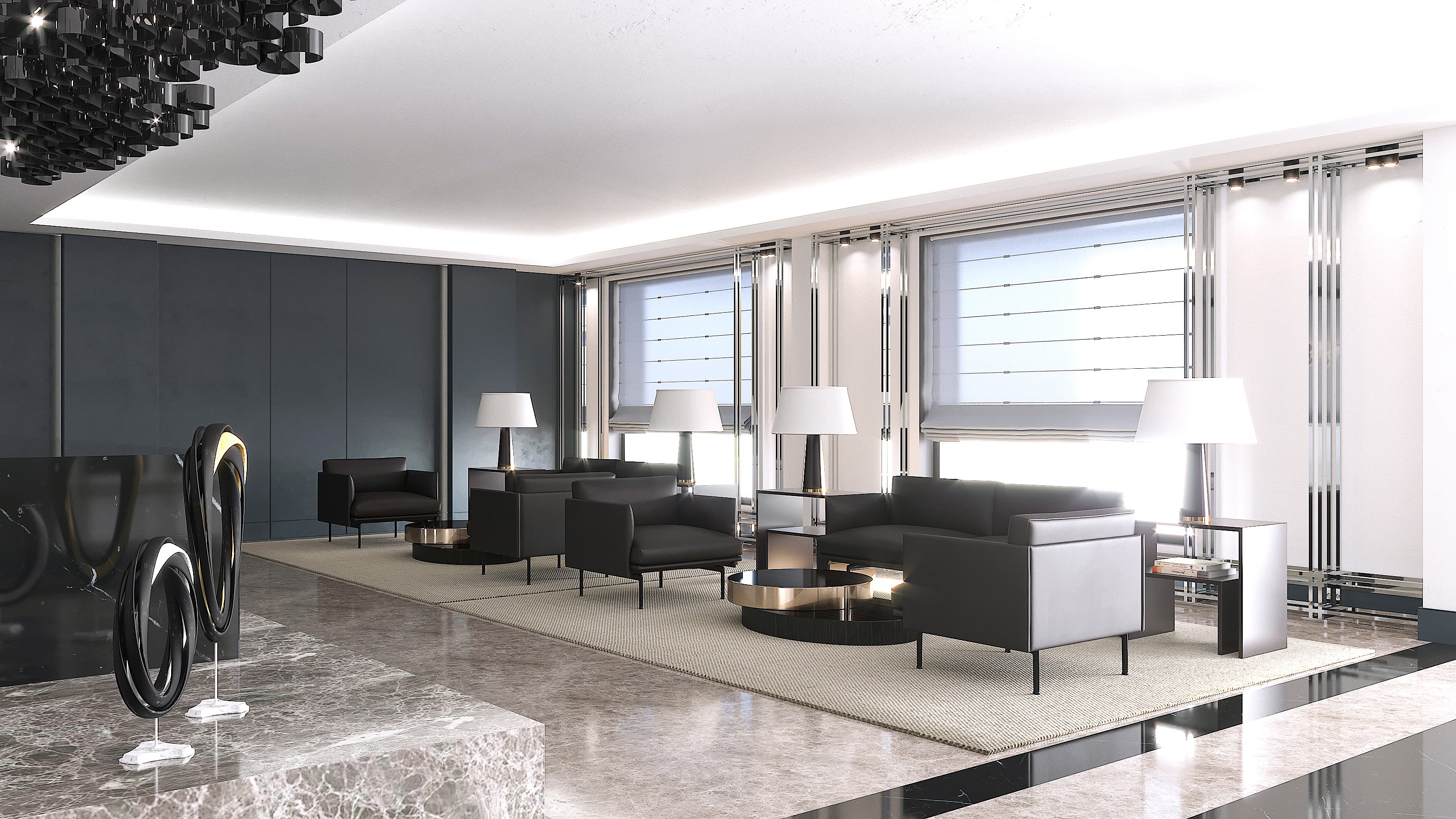 Lobby lounge render with dark leather armchairs, marble floor, and floor lamps