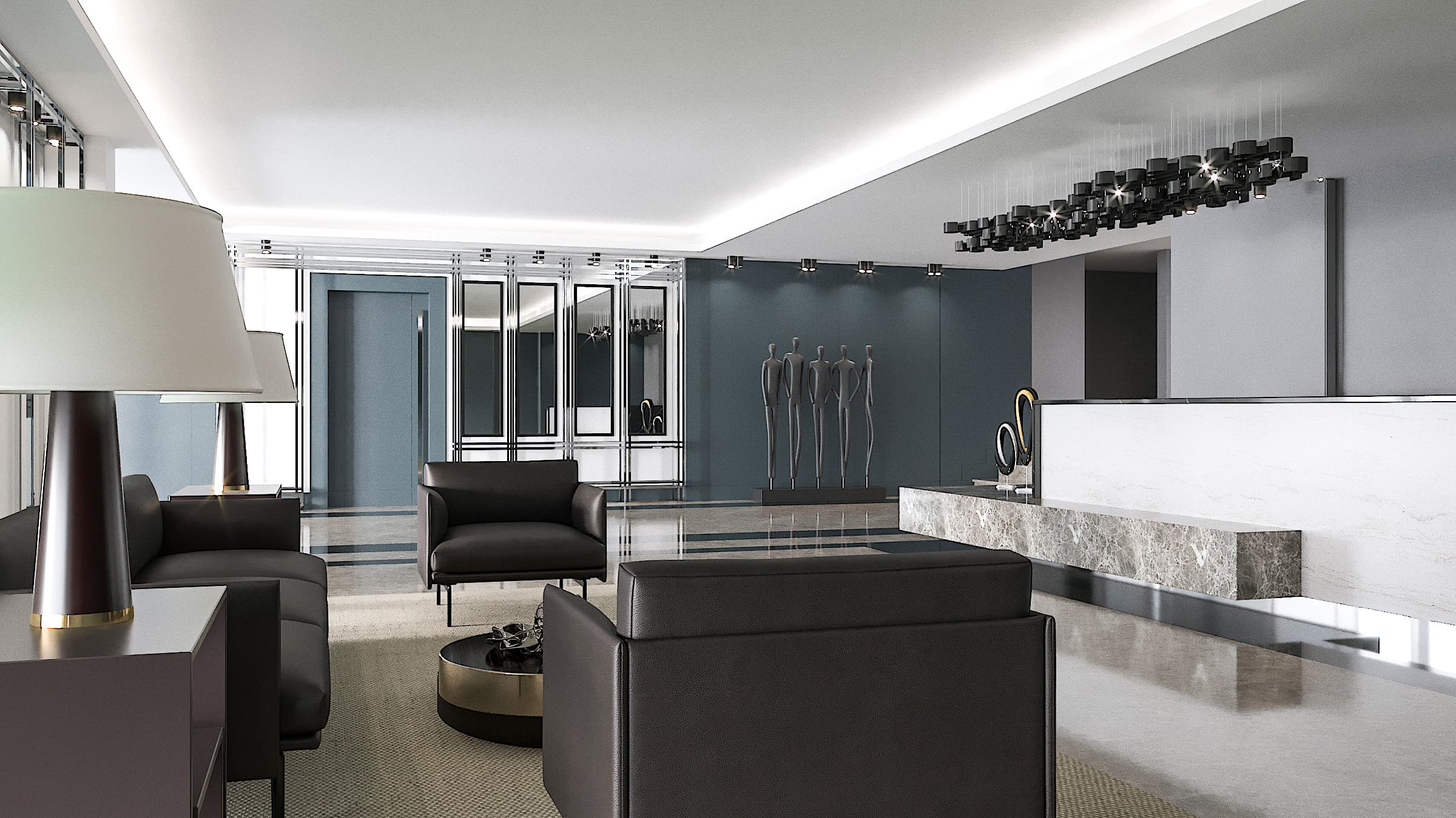 Lobby render with seating area, figure sculptures, and reception desk beyond