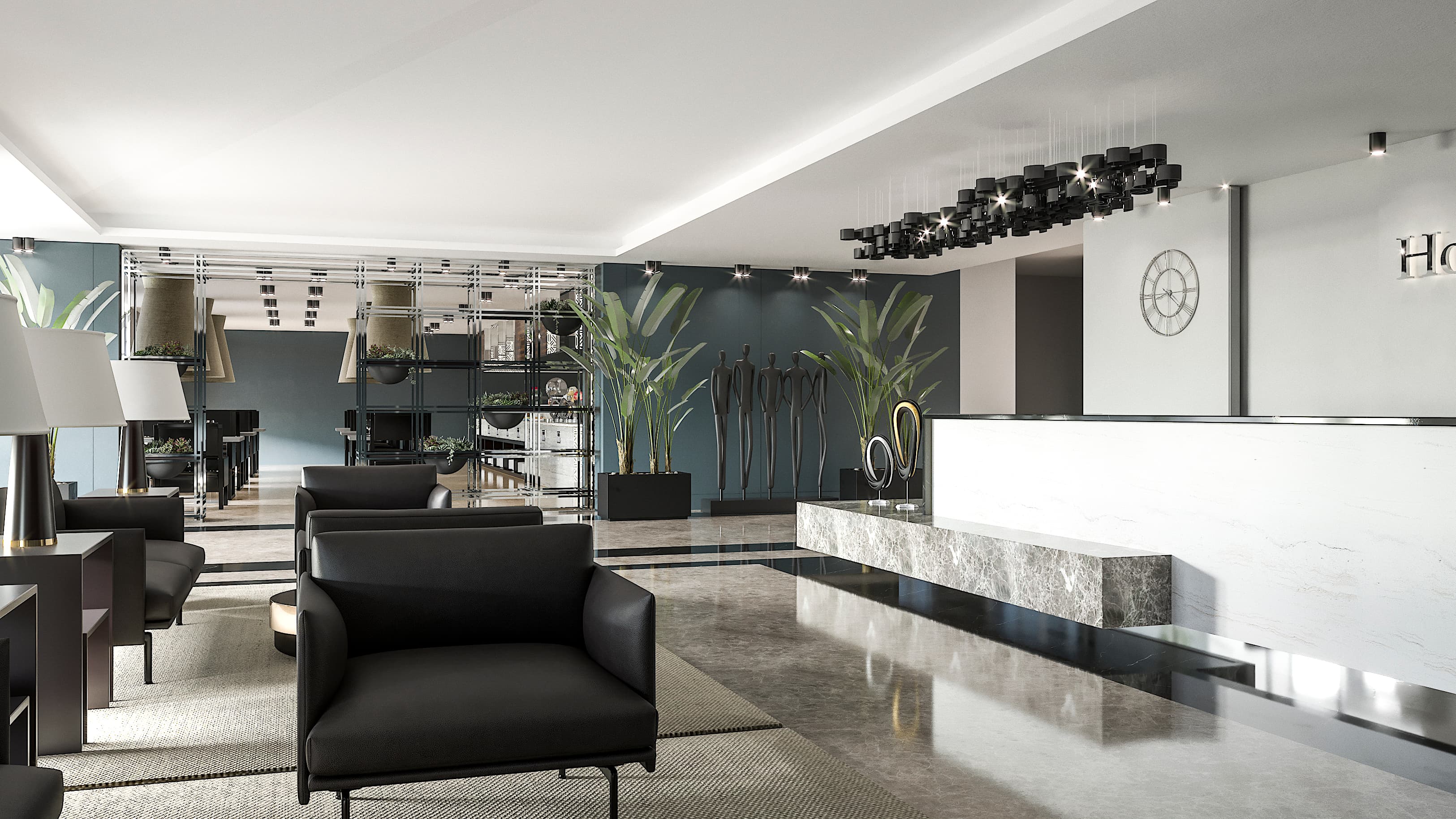 Reception area render with seating, glass shelving, and decorative wall clock