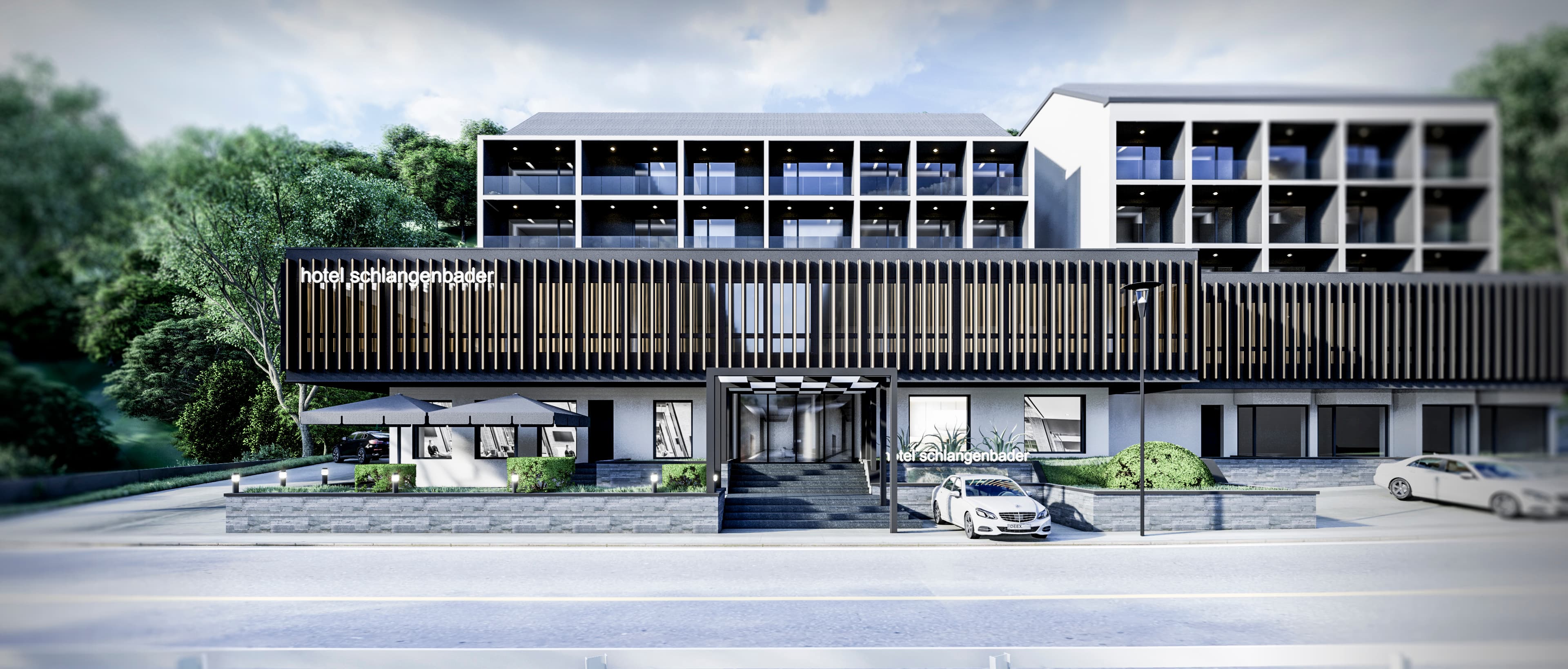 Street-level exterior render showing timber-louvered hotel facade