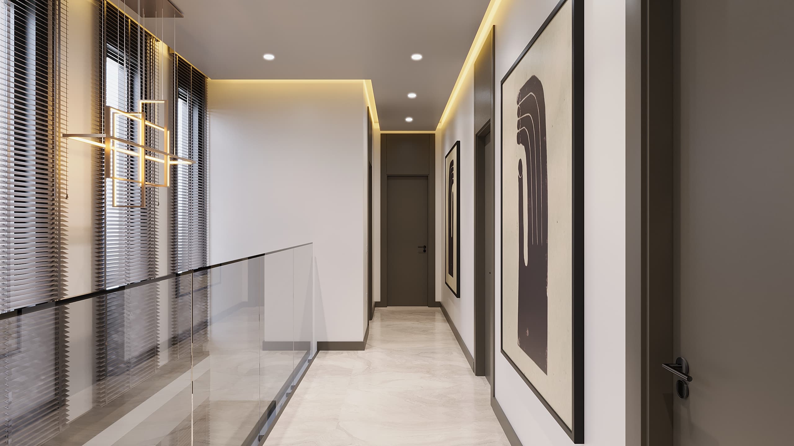Upper hallway with art gallery wall and glass balustrade