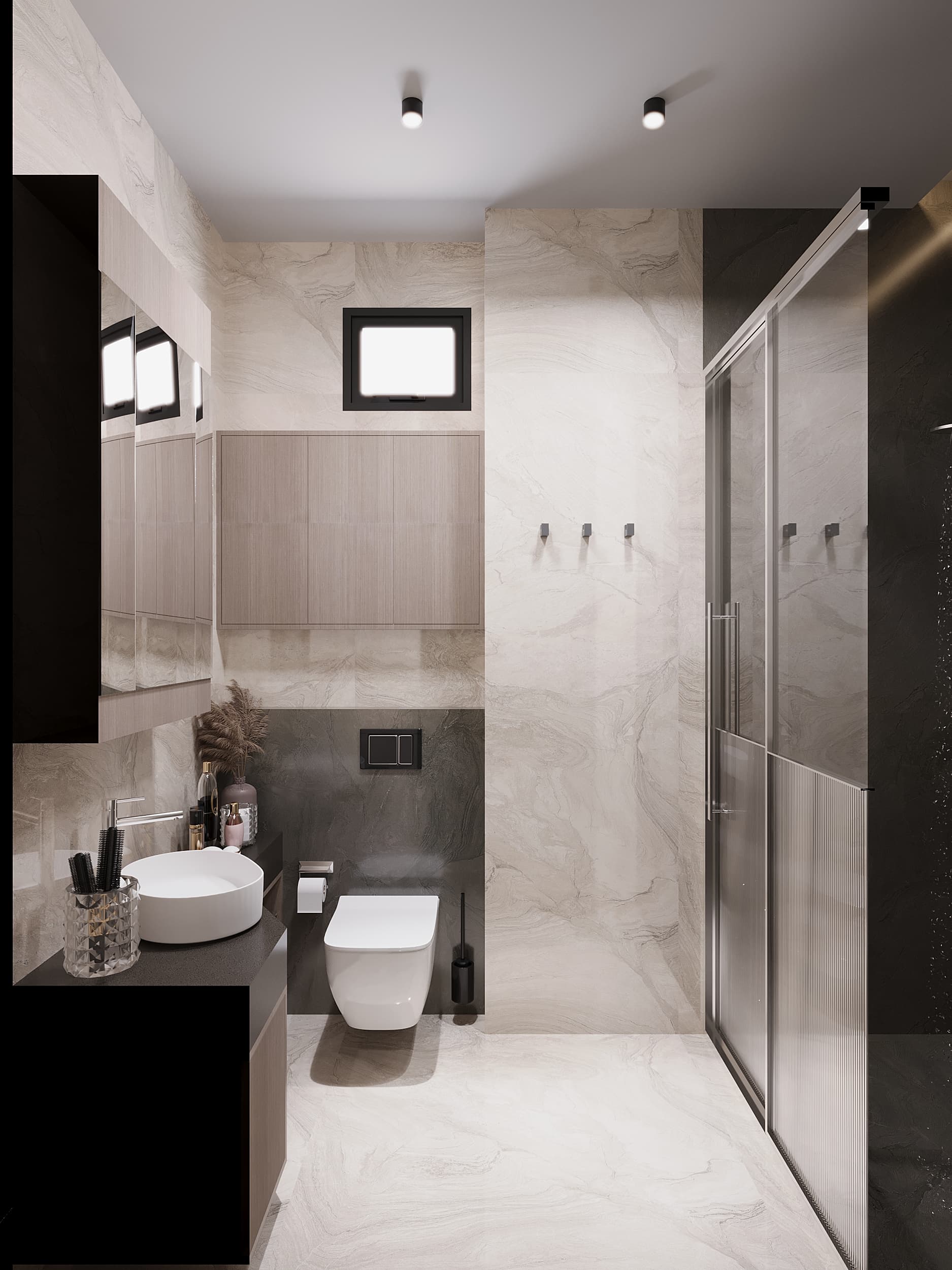 Bathroom with marble walls, vessel sink and glass shower