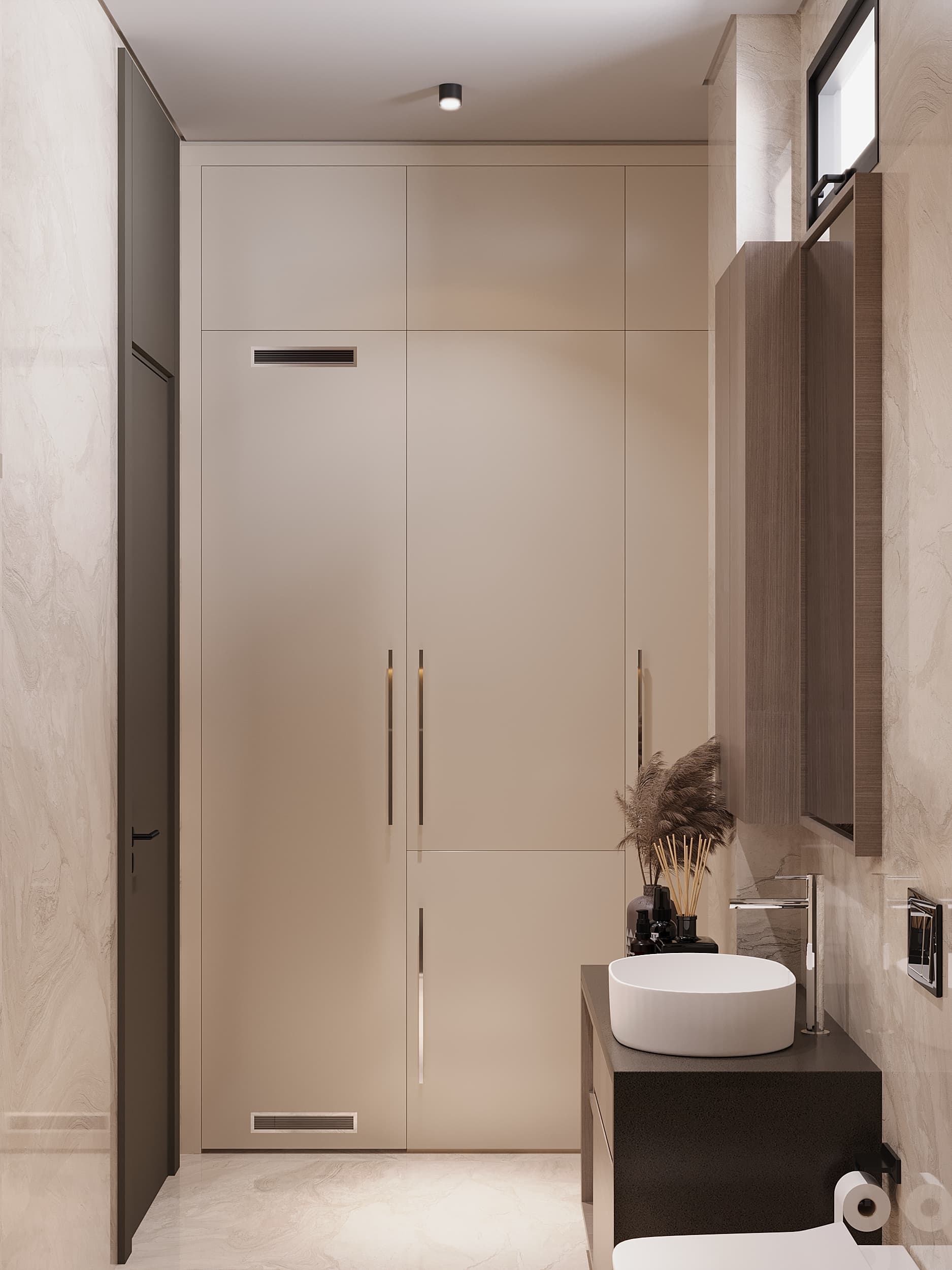 Powder room with tall storage cabinet and vessel sink