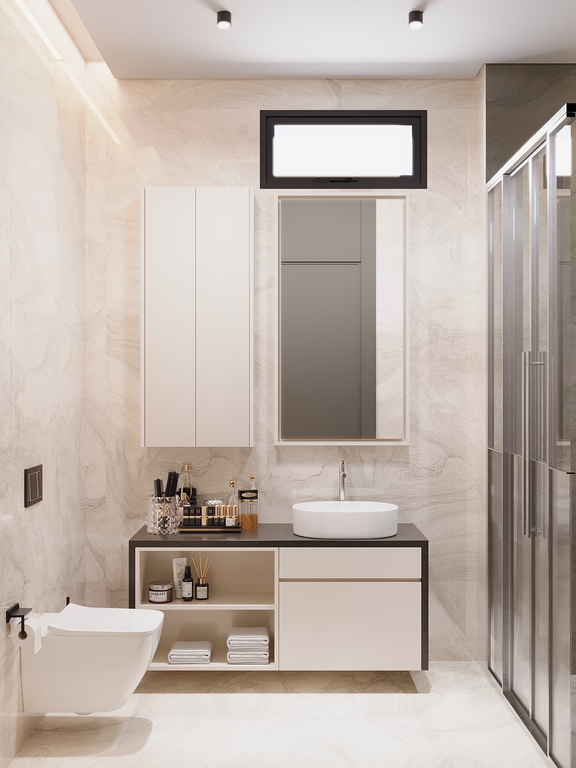 Cream-toned bathroom with vanity, round mirror and shower